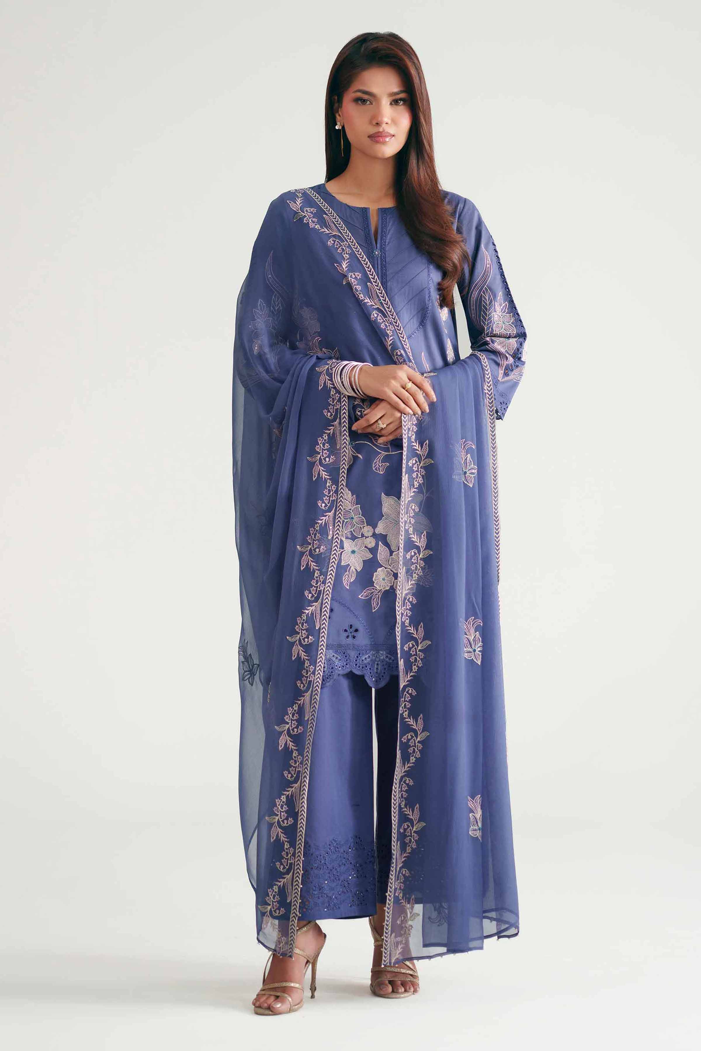 3 Piece - Embroidered Suit - KFE26-186 Blue Cambric 3PC Embroidered