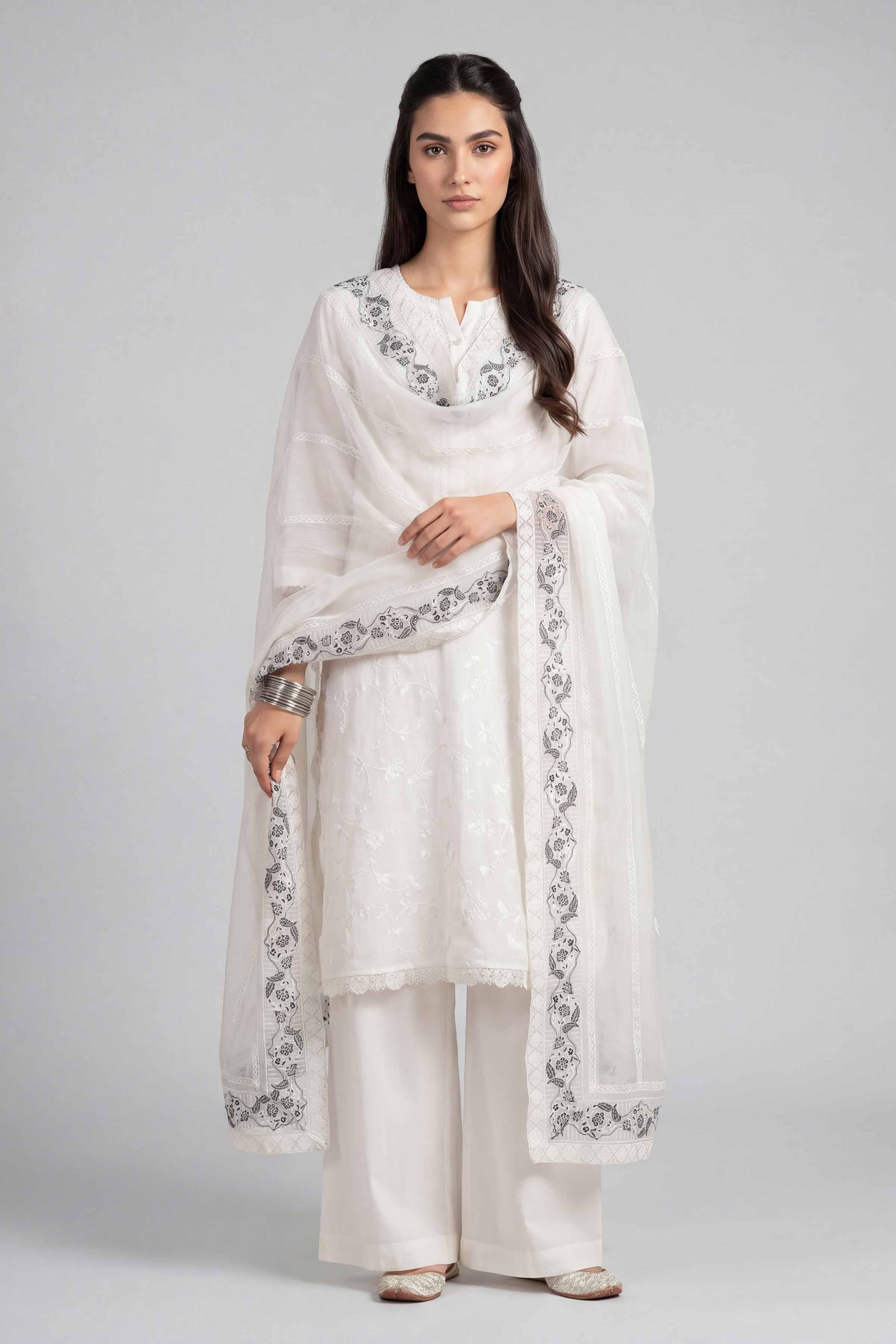 Embroidered Dupatta - KFE26-193 White Chiffon 1PC Embroidered READY TO WEAR
