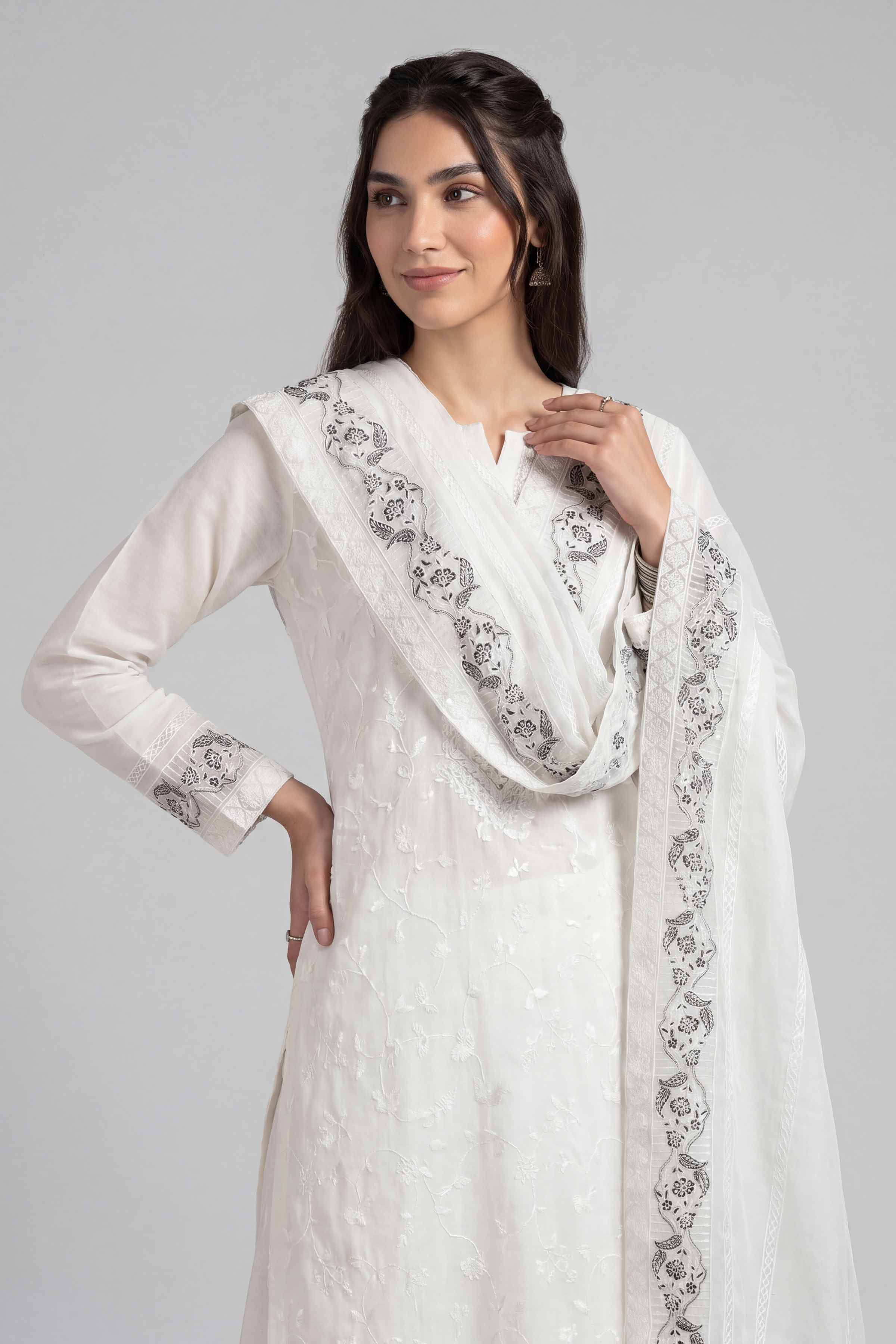 Embroidered Dupatta - KFE26-193 White Chiffon 1PC Embroidered READY TO WEAR