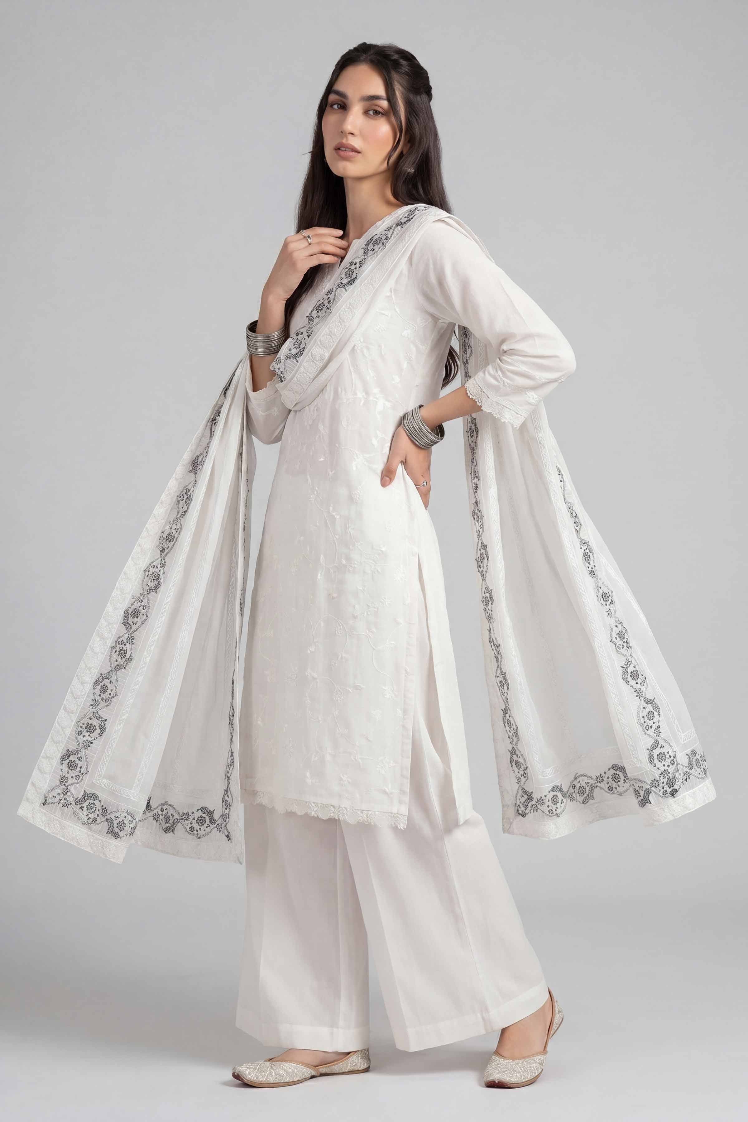 Embroidered Dupatta - KFE26-193 White Chiffon 1PC Embroidered READY TO WEAR