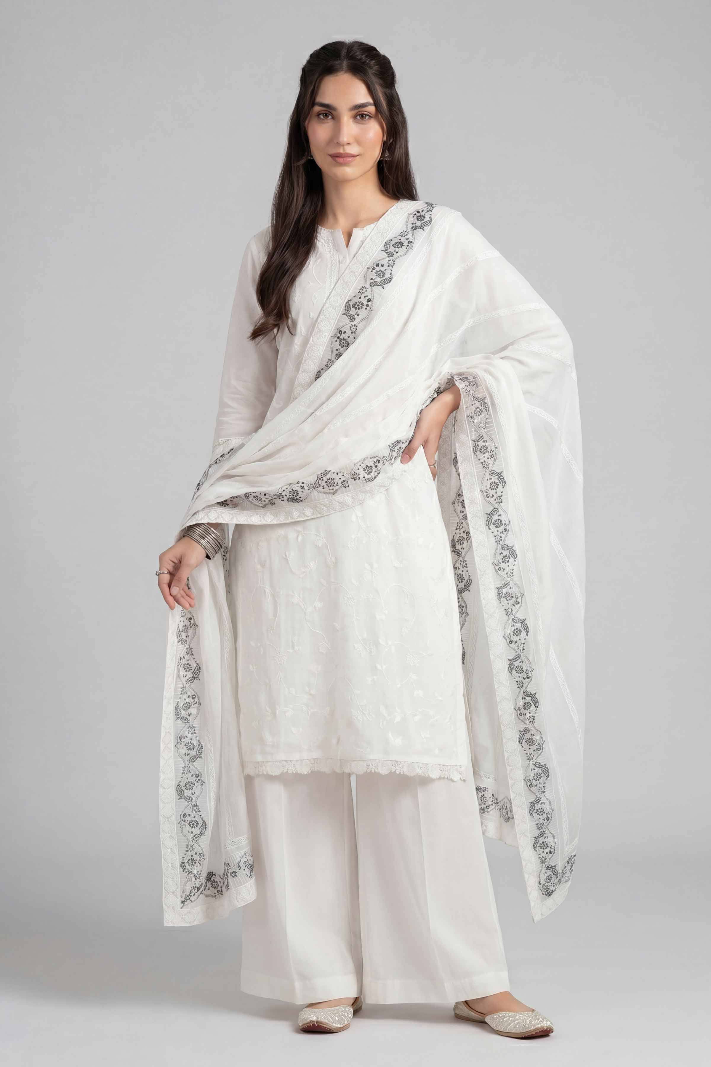 Embroidered Dupatta - KFE26-193 White Chiffon 1PC Embroidered READY TO WEAR