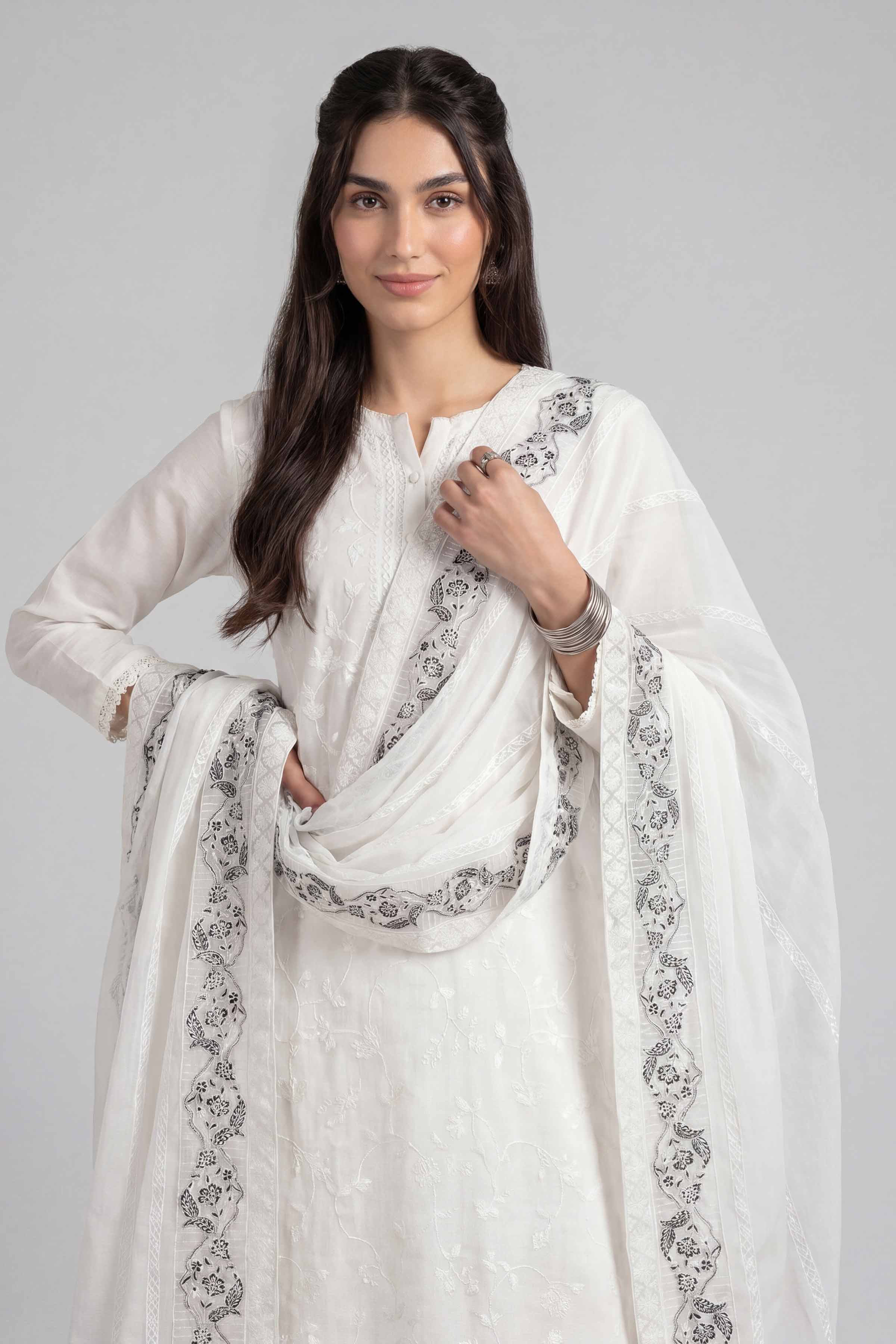 Embroidered Dupatta - KFE26-193 White Chiffon 1PC Embroidered READY TO WEAR