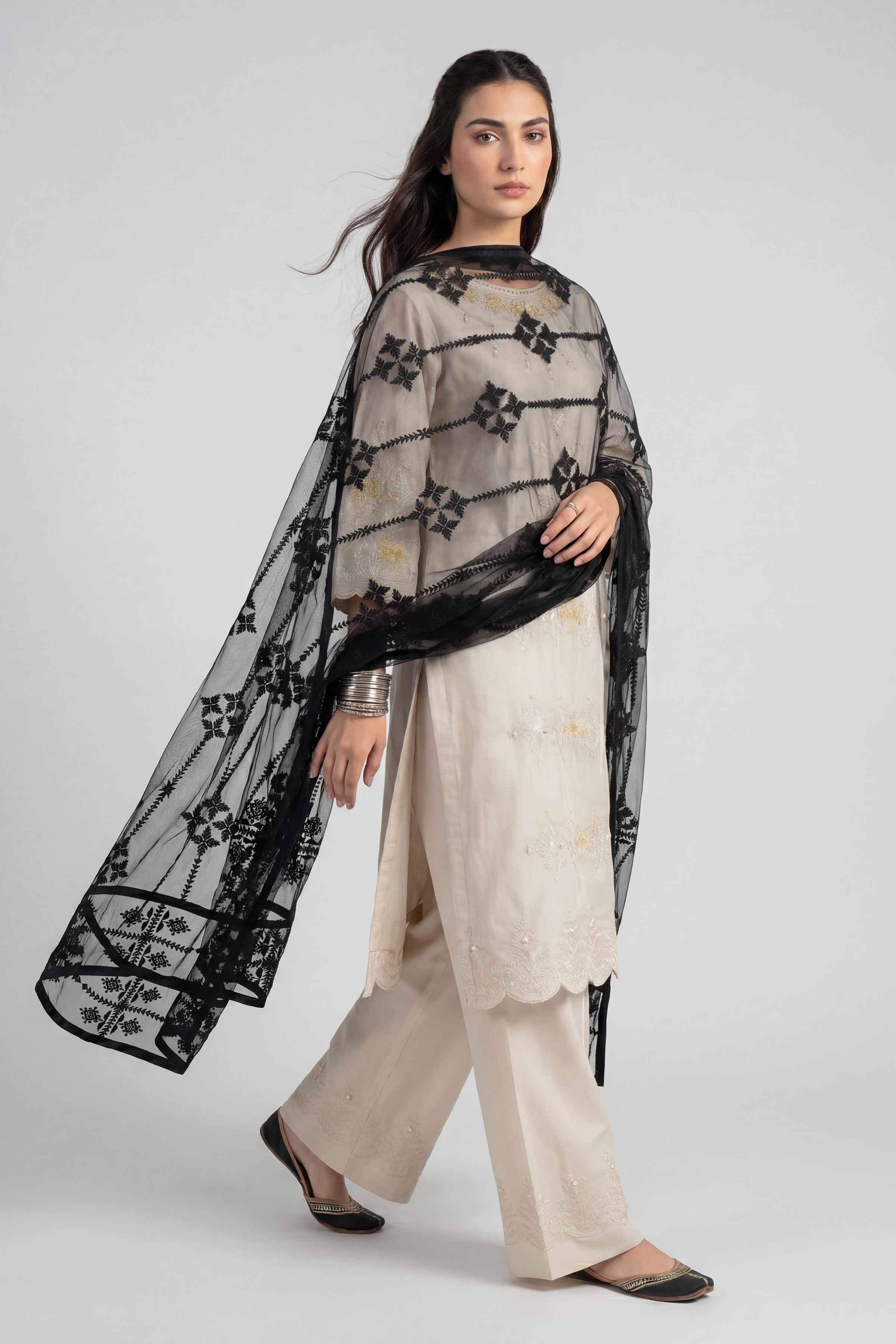 Embroidered Dupatta - KFE26-194 Black Net 1PC Embroidered READY TO WEAR