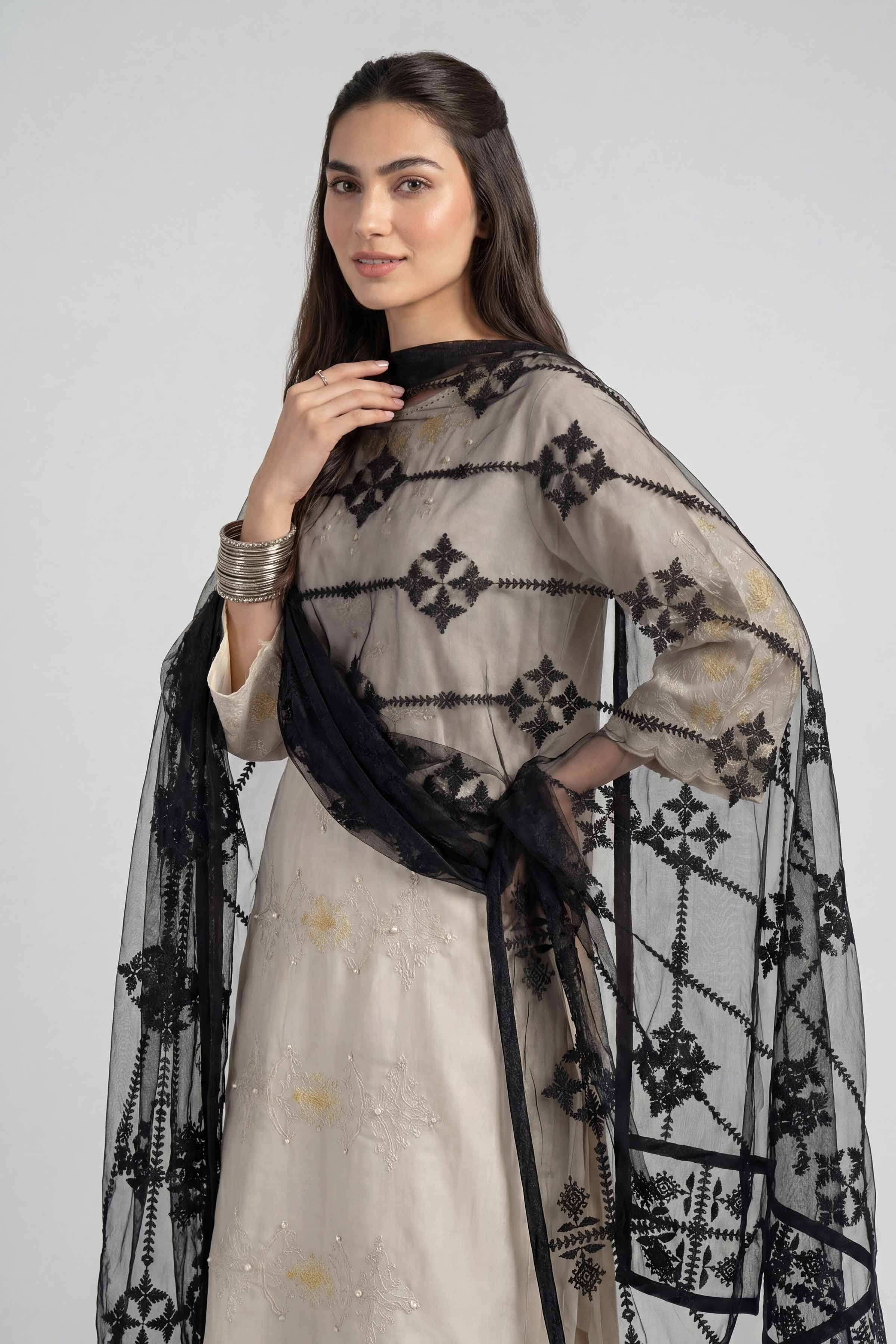 Embroidered Dupatta - KFE26-194 Black Net 1PC Embroidered READY TO WEAR