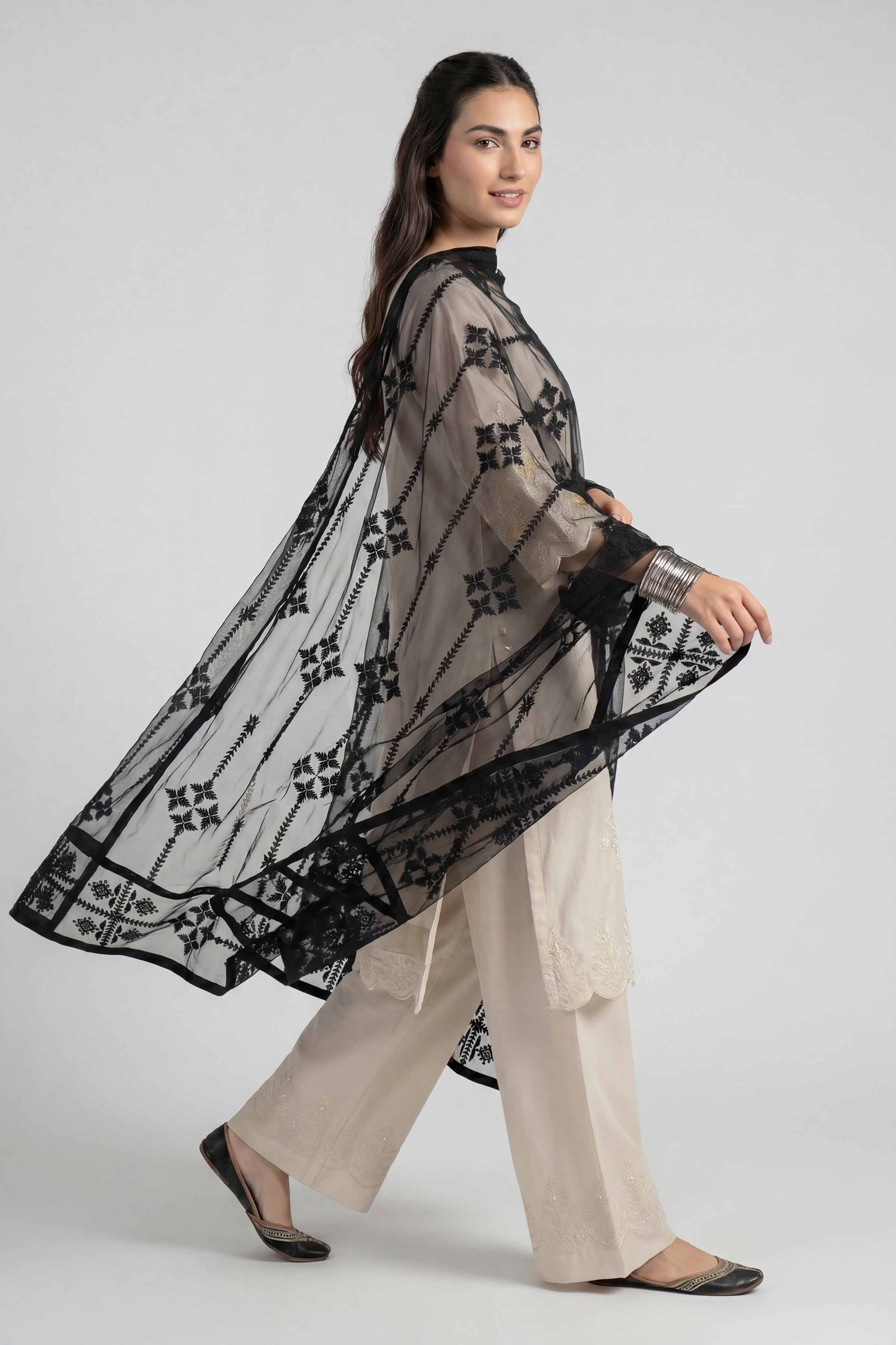 Embroidered Dupatta - KFE26-194 Black Net 1PC Embroidered READY TO WEAR