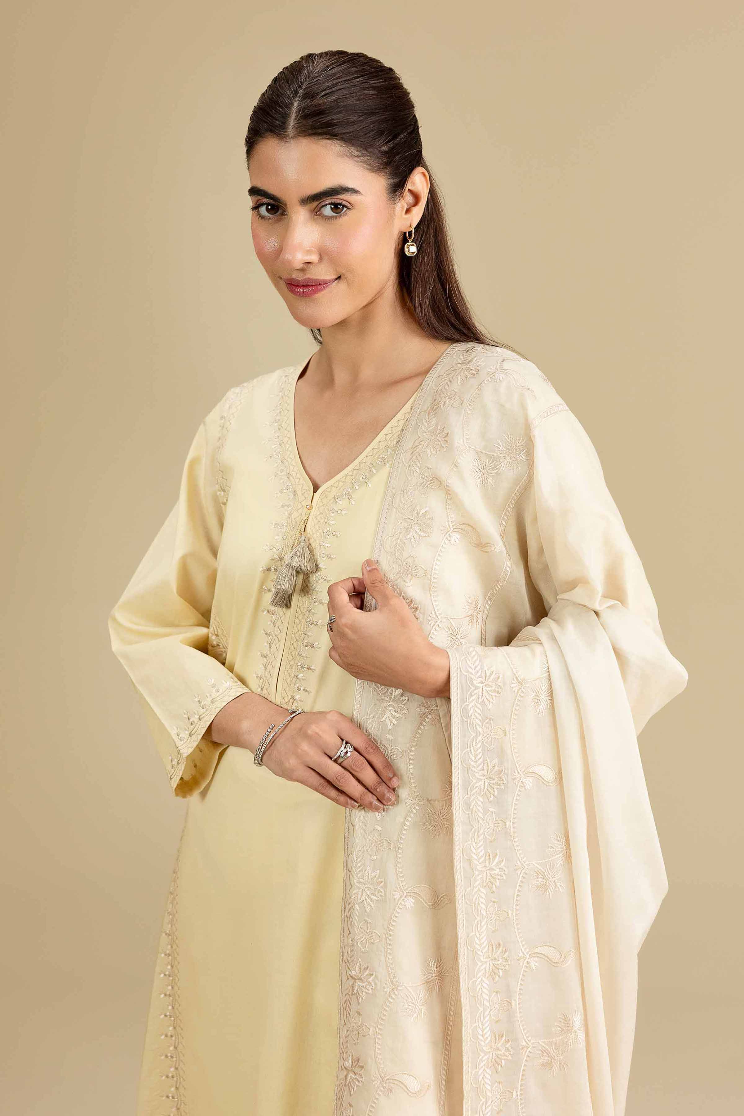 Embroidered Dupatta - KFE26-195 Beige Voile 1PC Embroidered READY TO WEAR