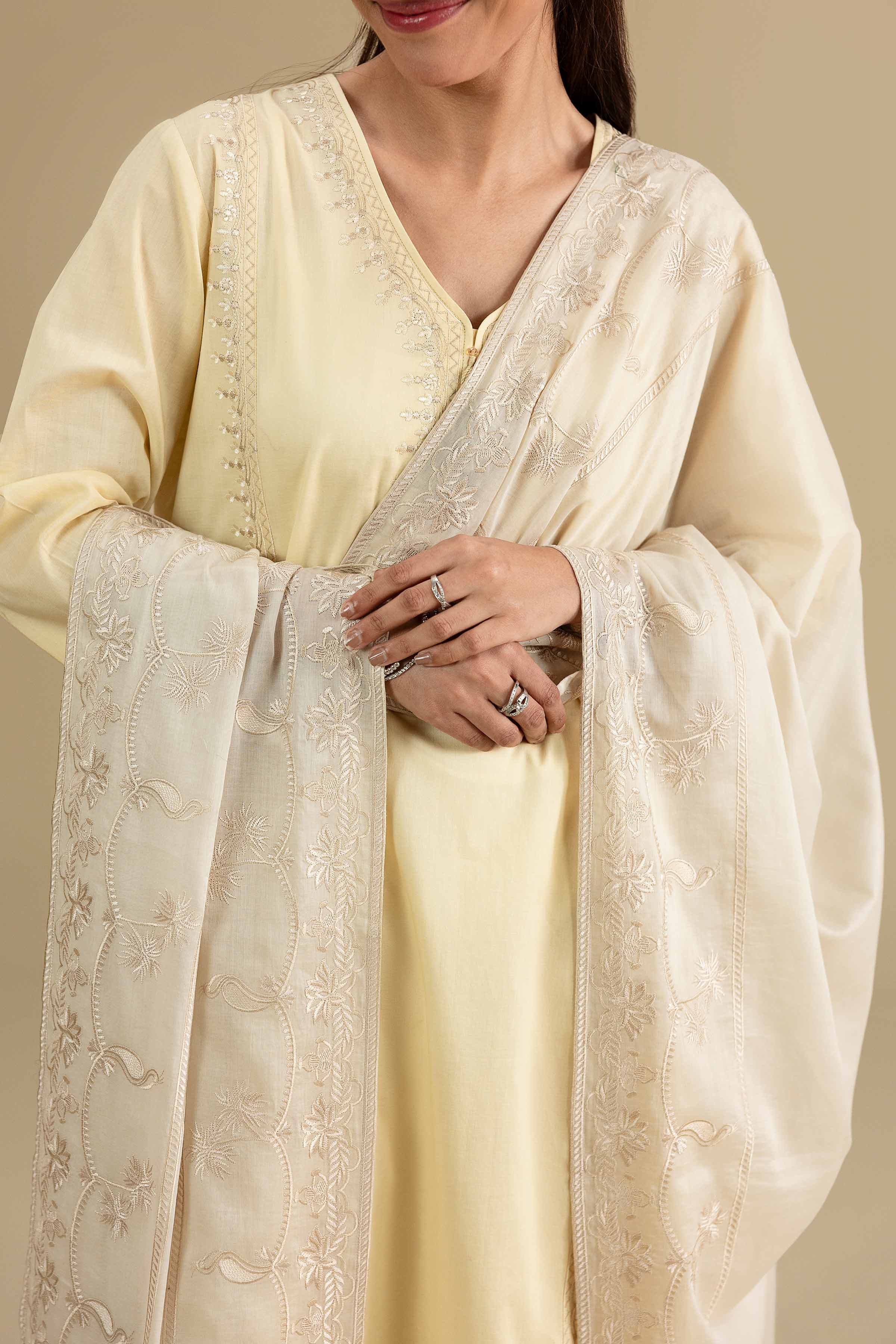 Embroidered Dupatta - KFE26-195 Beige Voile 1PC Embroidered READY TO WEAR