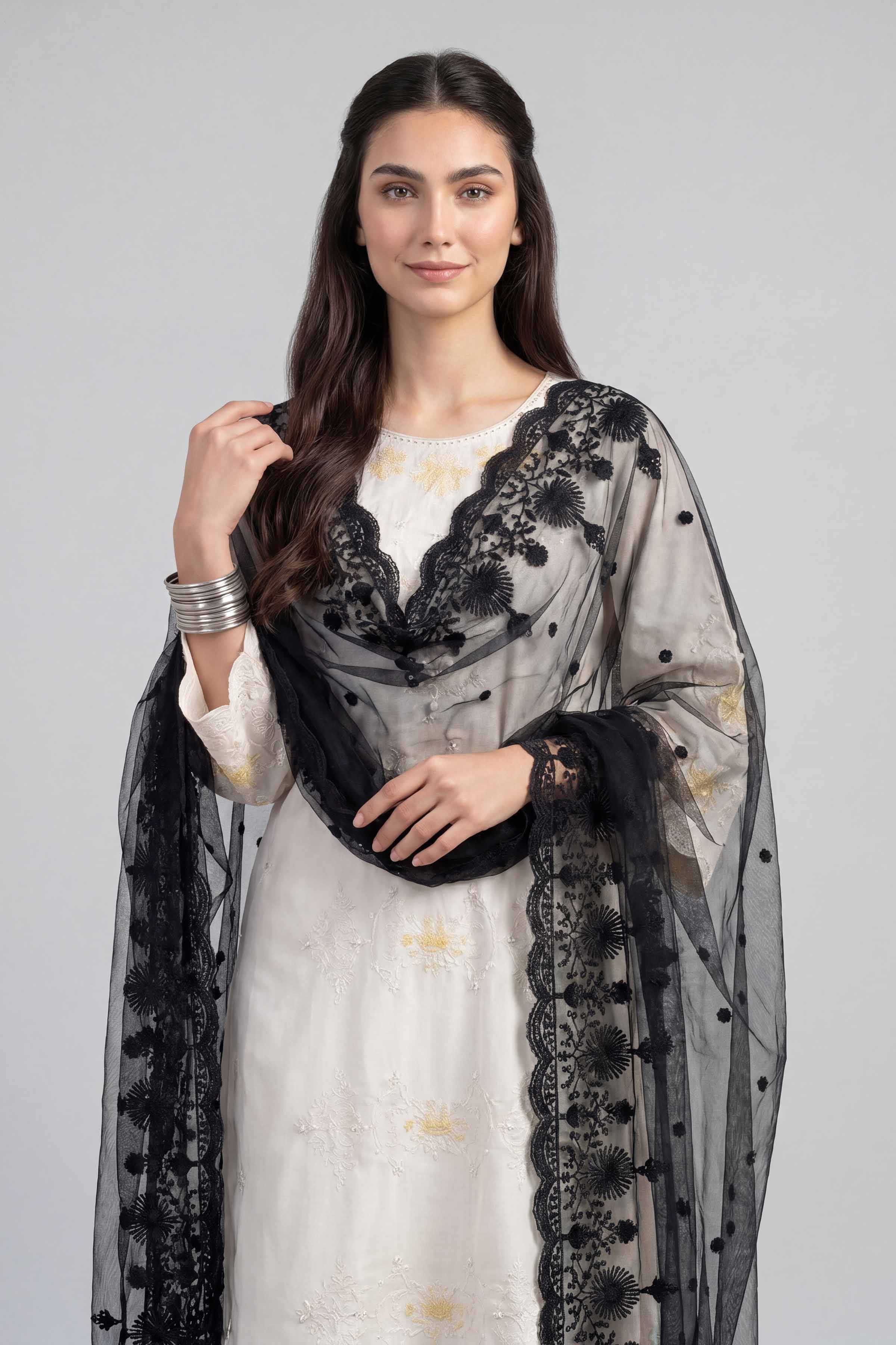 Embroidered Dupatta - KFE26-196 Black Net 1PC Embroidered READY TO WEAR