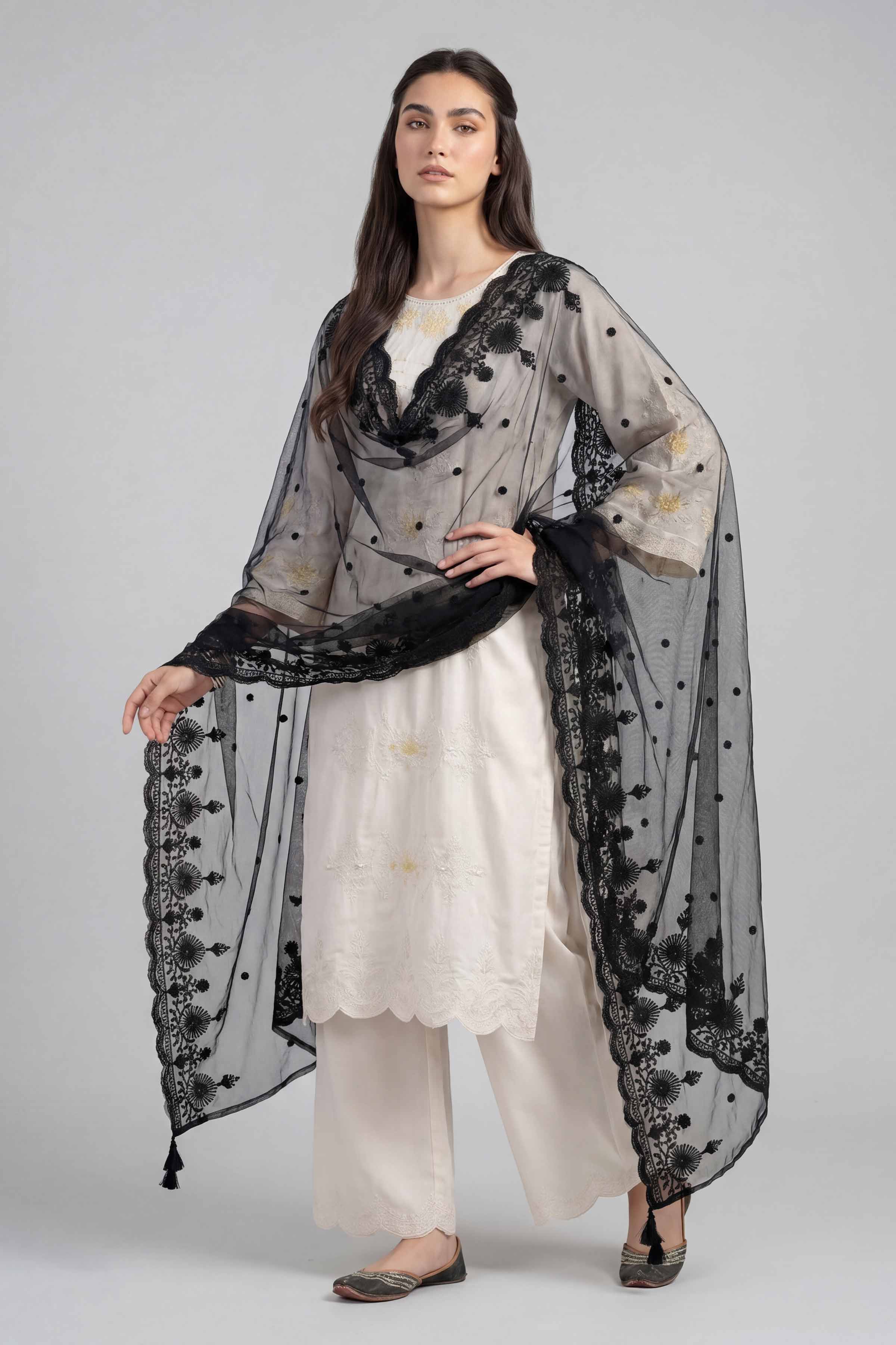 Embroidered Dupatta - KFE26-196 Black Net 1PC Embroidered READY TO WEAR