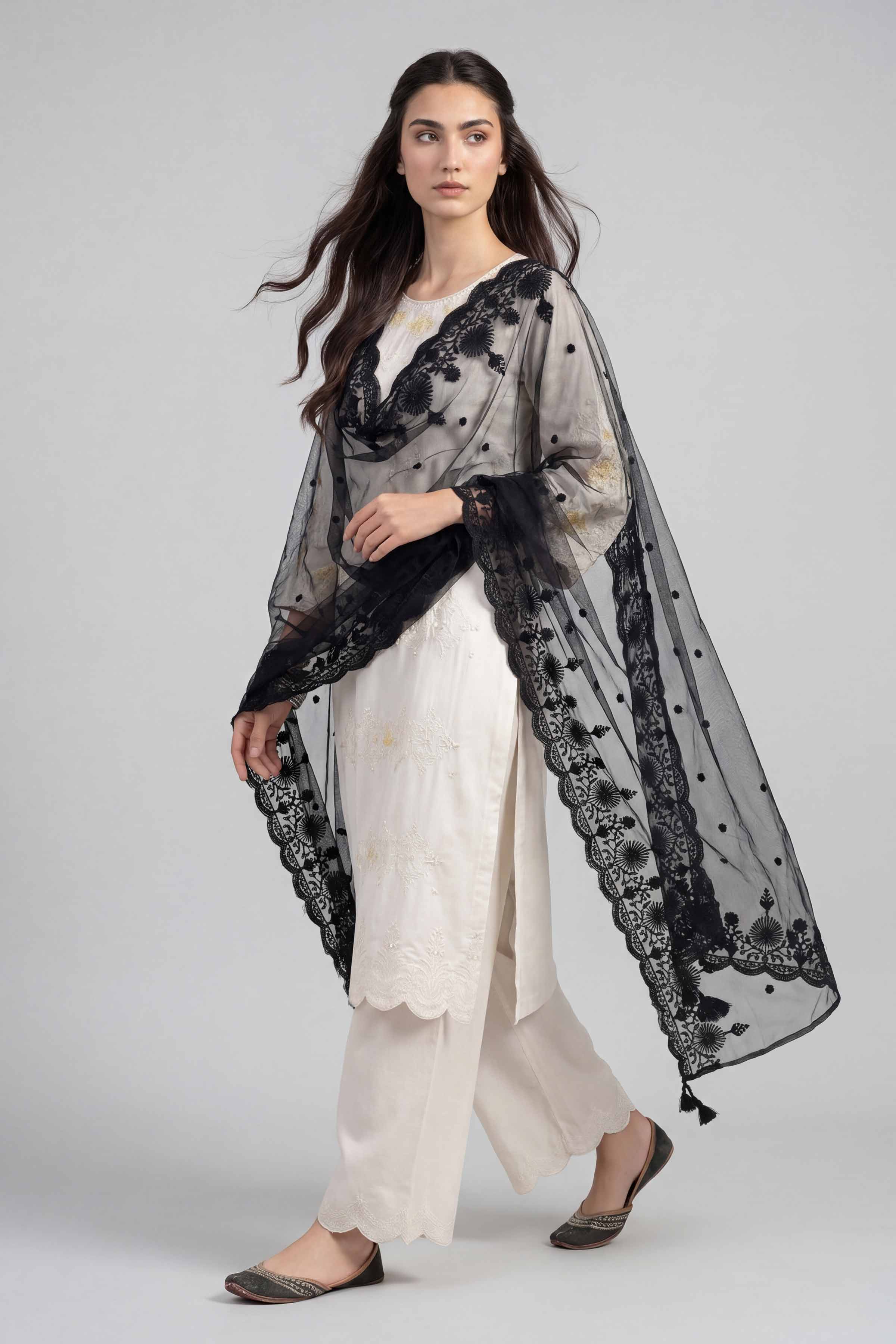 Embroidered Dupatta - KFE26-196 Black Net 1PC Embroidered READY TO WEAR