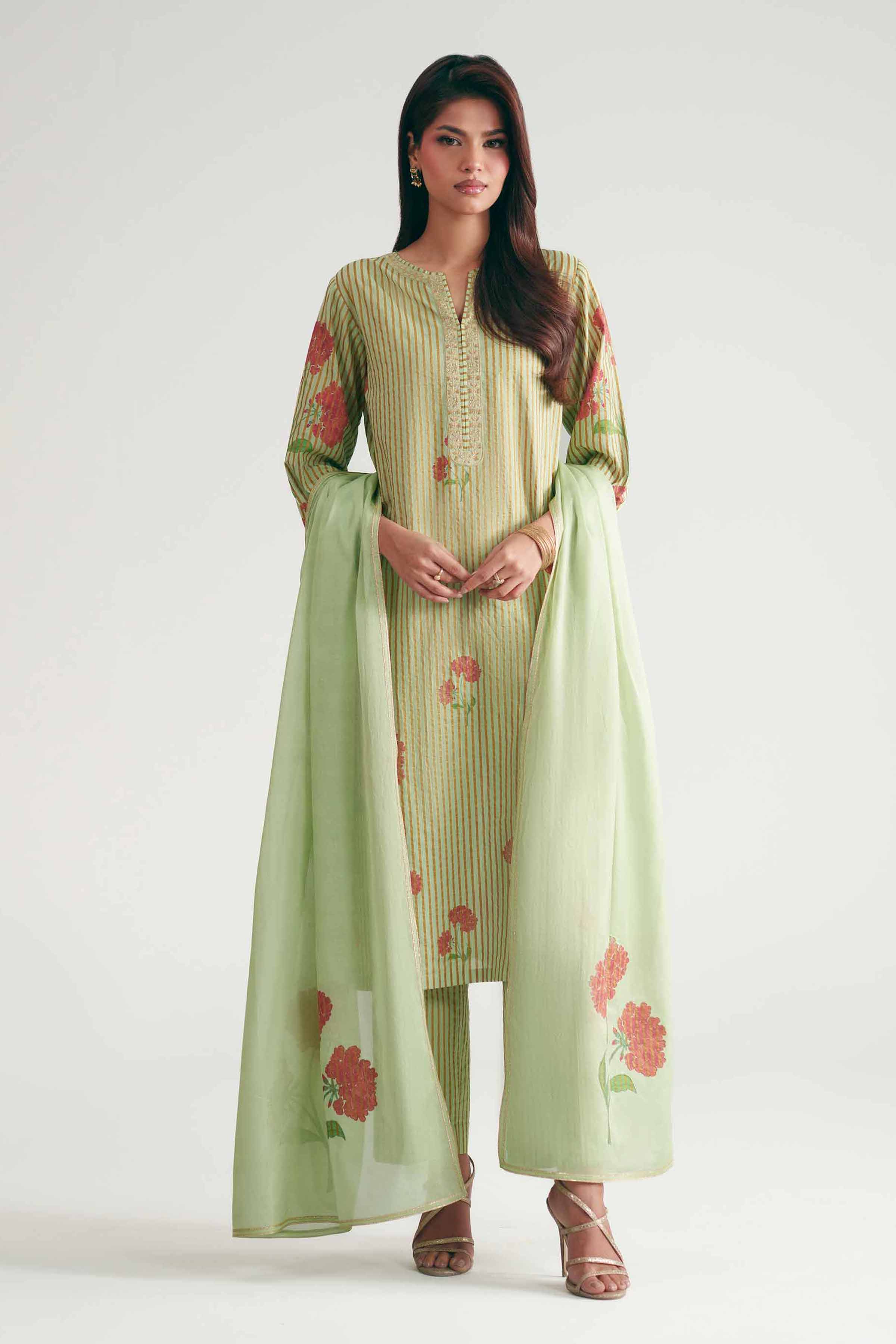 3 Piece - Printed Embroidered Suit - KFE26-204 Green Lawn  Embroidered Straight shirt