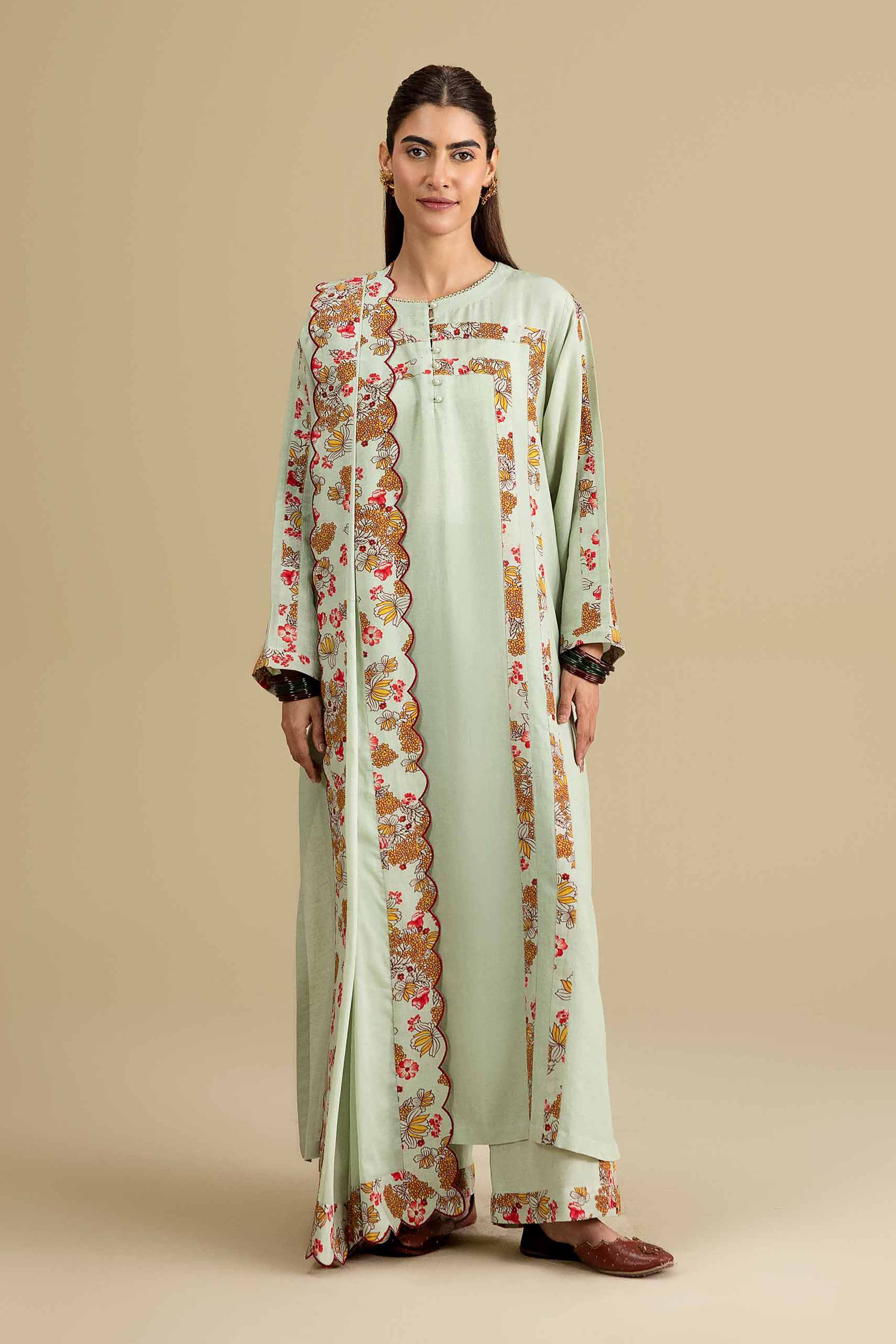3 Piece - Printed Embroidered Suit - KFE26-206 Green Cotton  Embroidered A-Line shirt