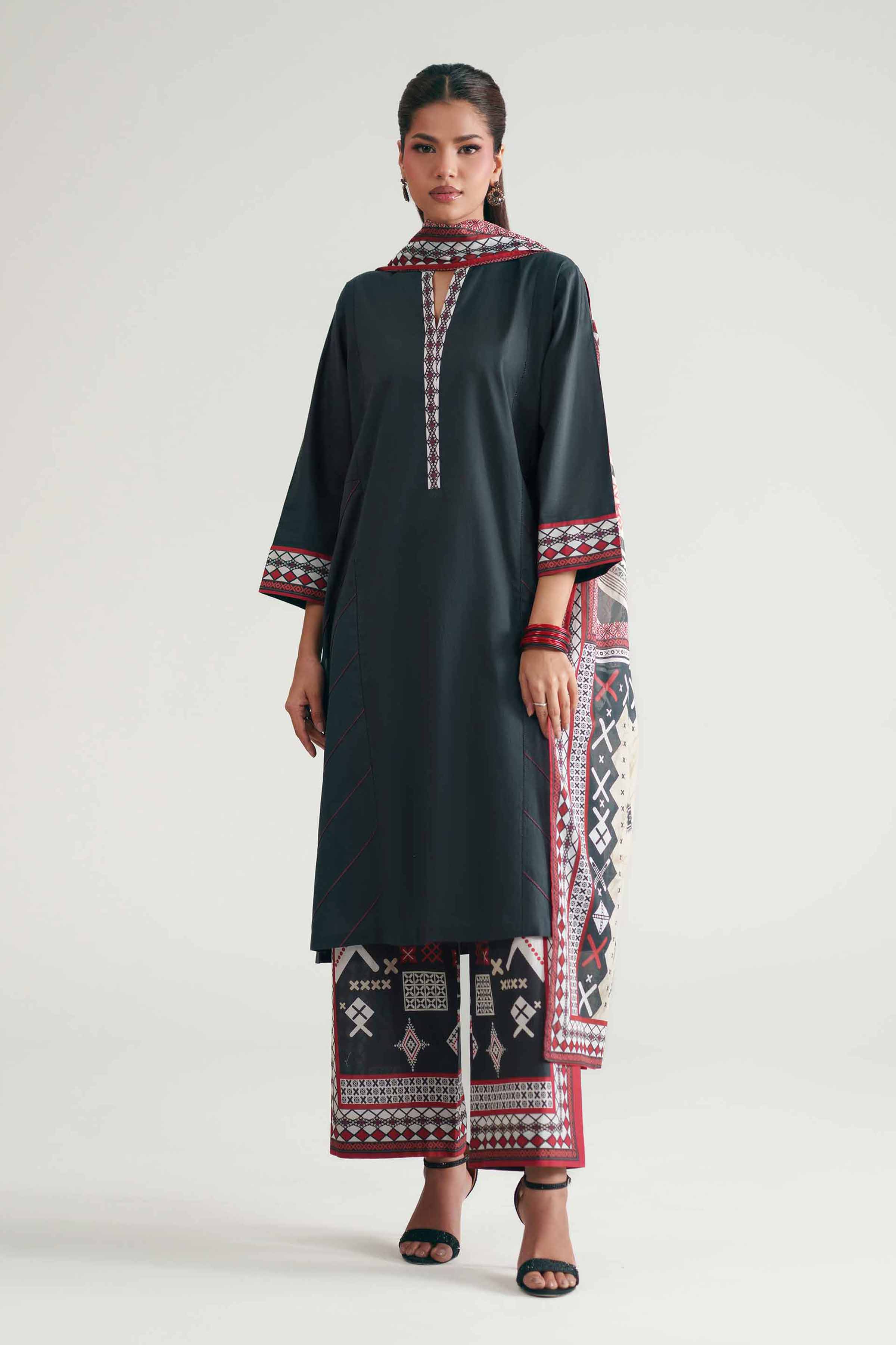 3 Piece - Printed Suit - KFE26-208 Black Cambric 3PC Printed READY TO WEAR