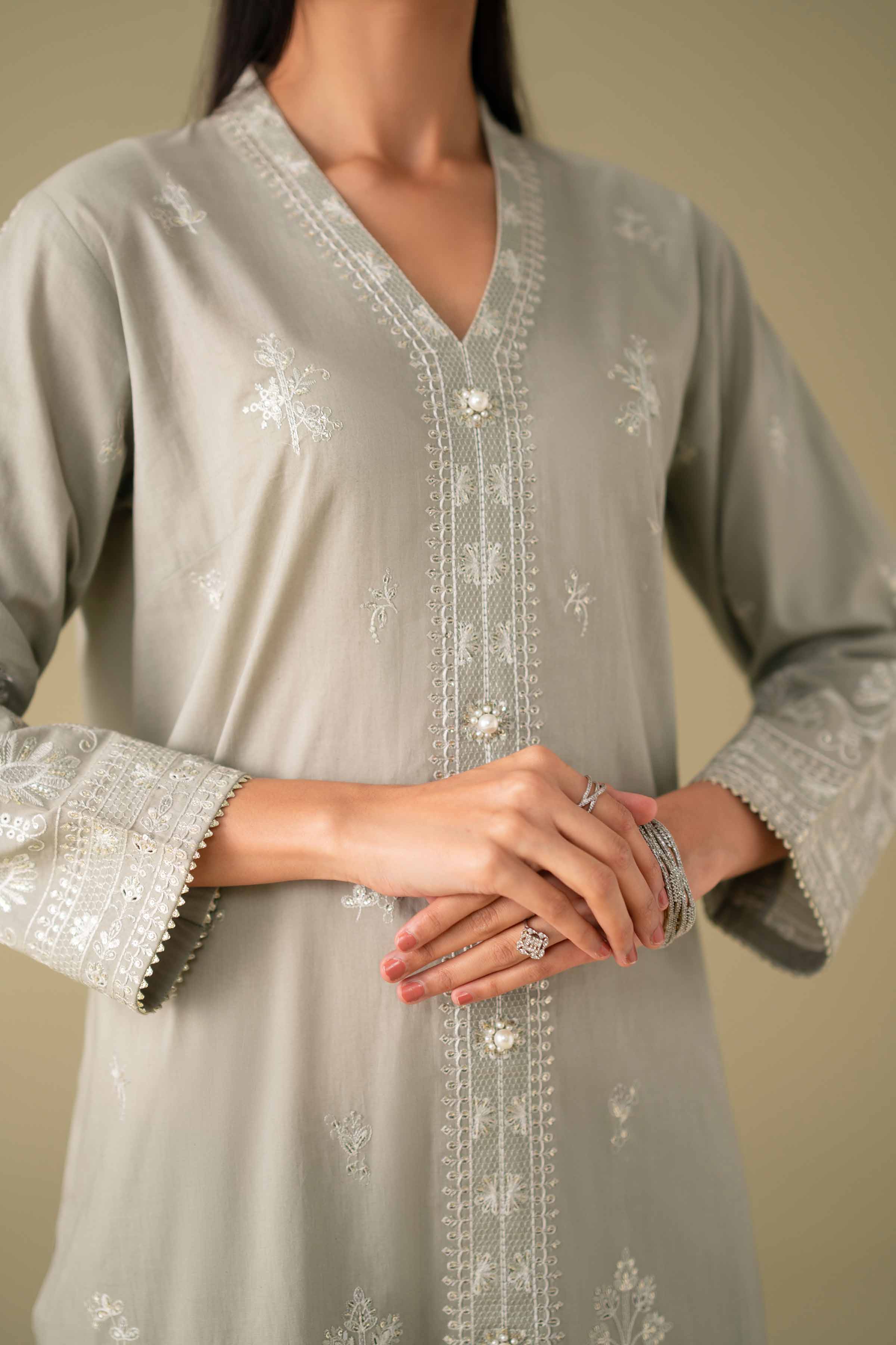 3 Piece - Embroidered Suit - KFE26-21 Grey Cambric 3PC Embroidered