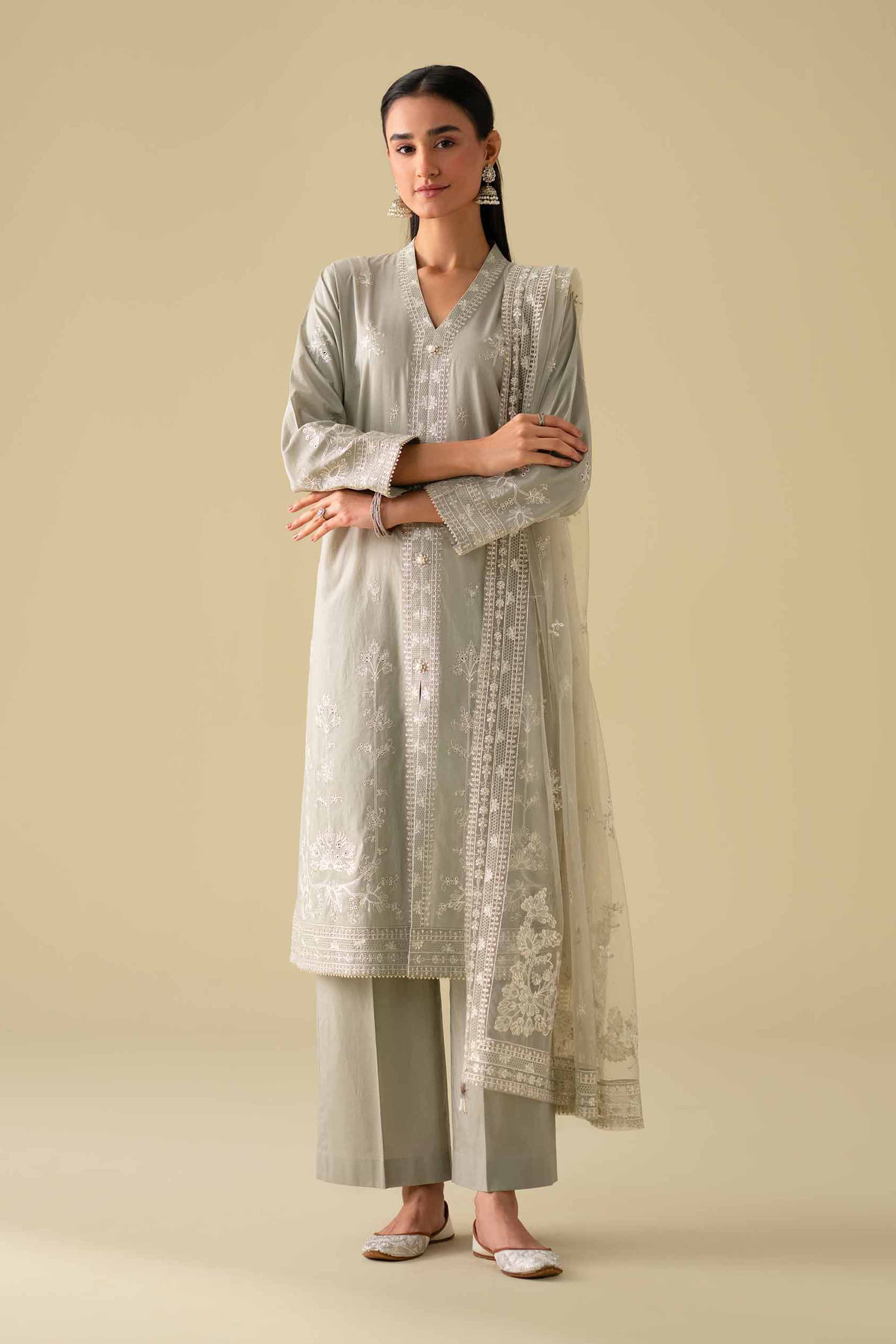 3 Piece - Embroidered Suit - KFE26-21 Grey Cambric 3PC Embroidered