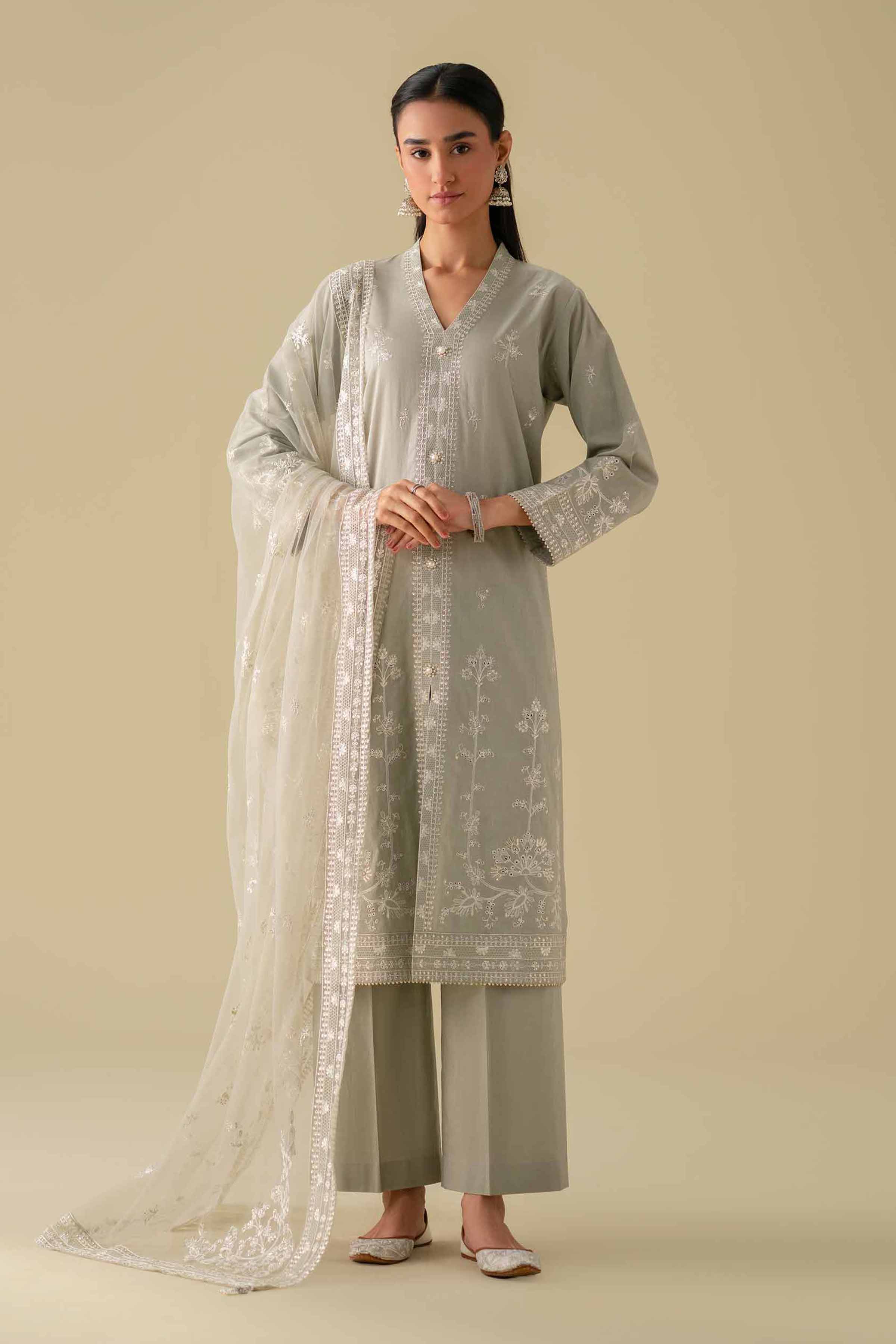 3 Piece - Embroidered Suit - KFE26-21 Grey Cambric 3PC Embroidered
