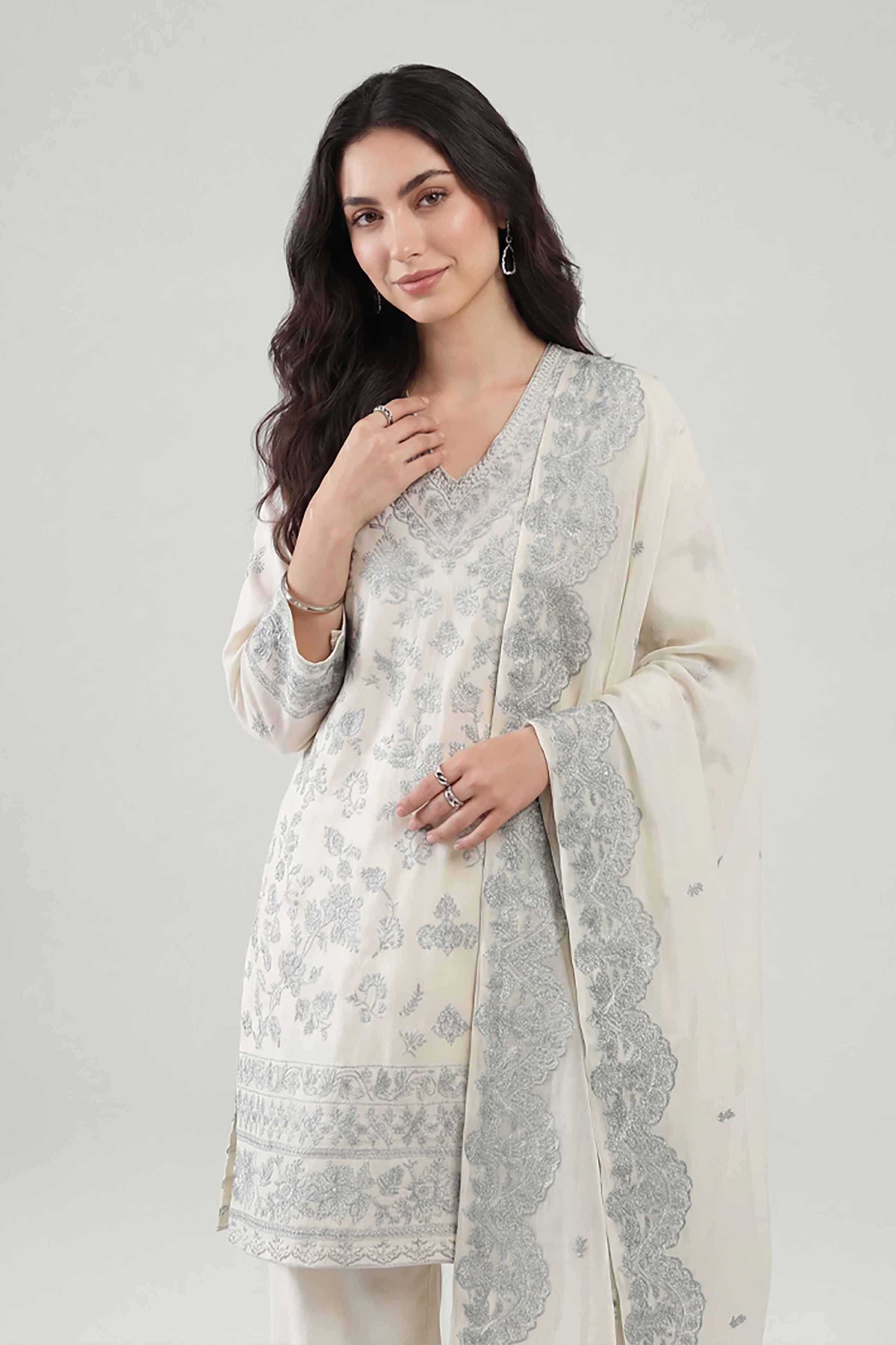 3 Piece - Embroidered Suit - KFE26-212 Off White Cambric 3PC Embroidered READY TO WEAR