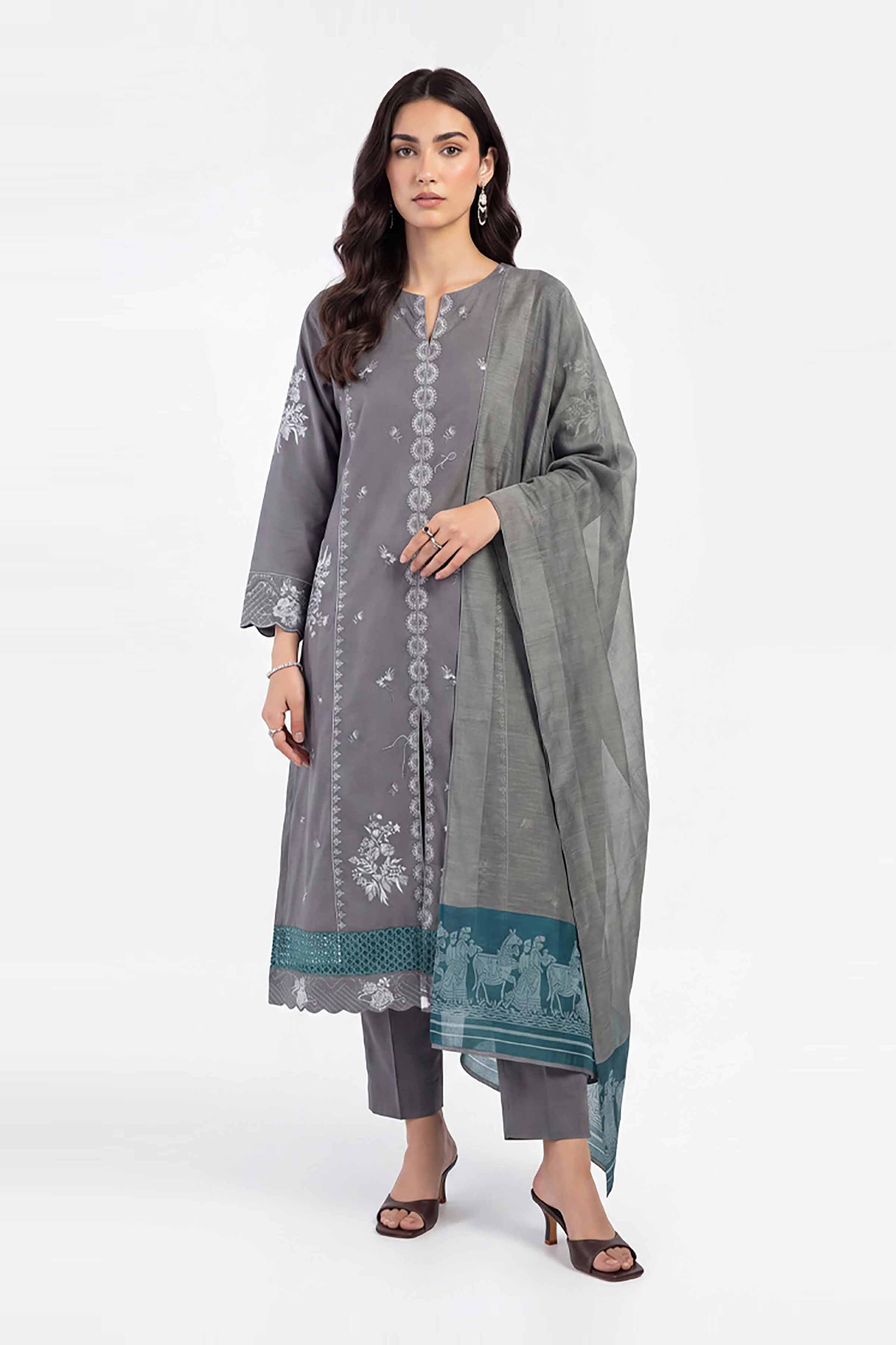 3 Piece - Embroidered Suit - KFE26-214 Grey Cambric 3PC Embroidered READY TO WEAR