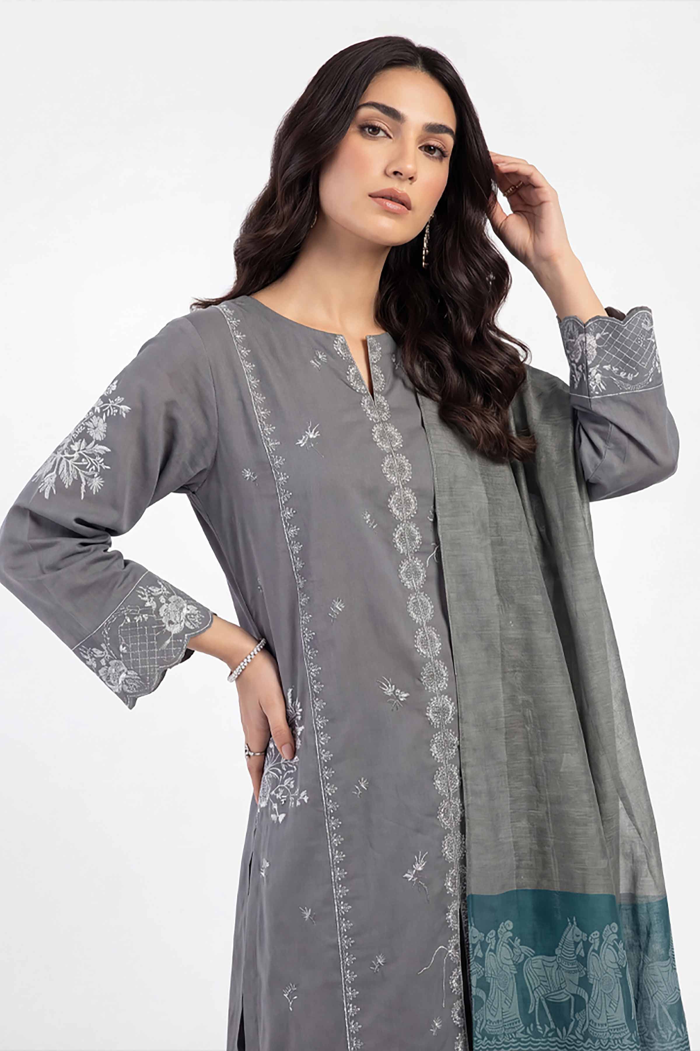 3 Piece - Embroidered Suit - KFE26-214 Grey Cambric 3PC Embroidered READY TO WEAR