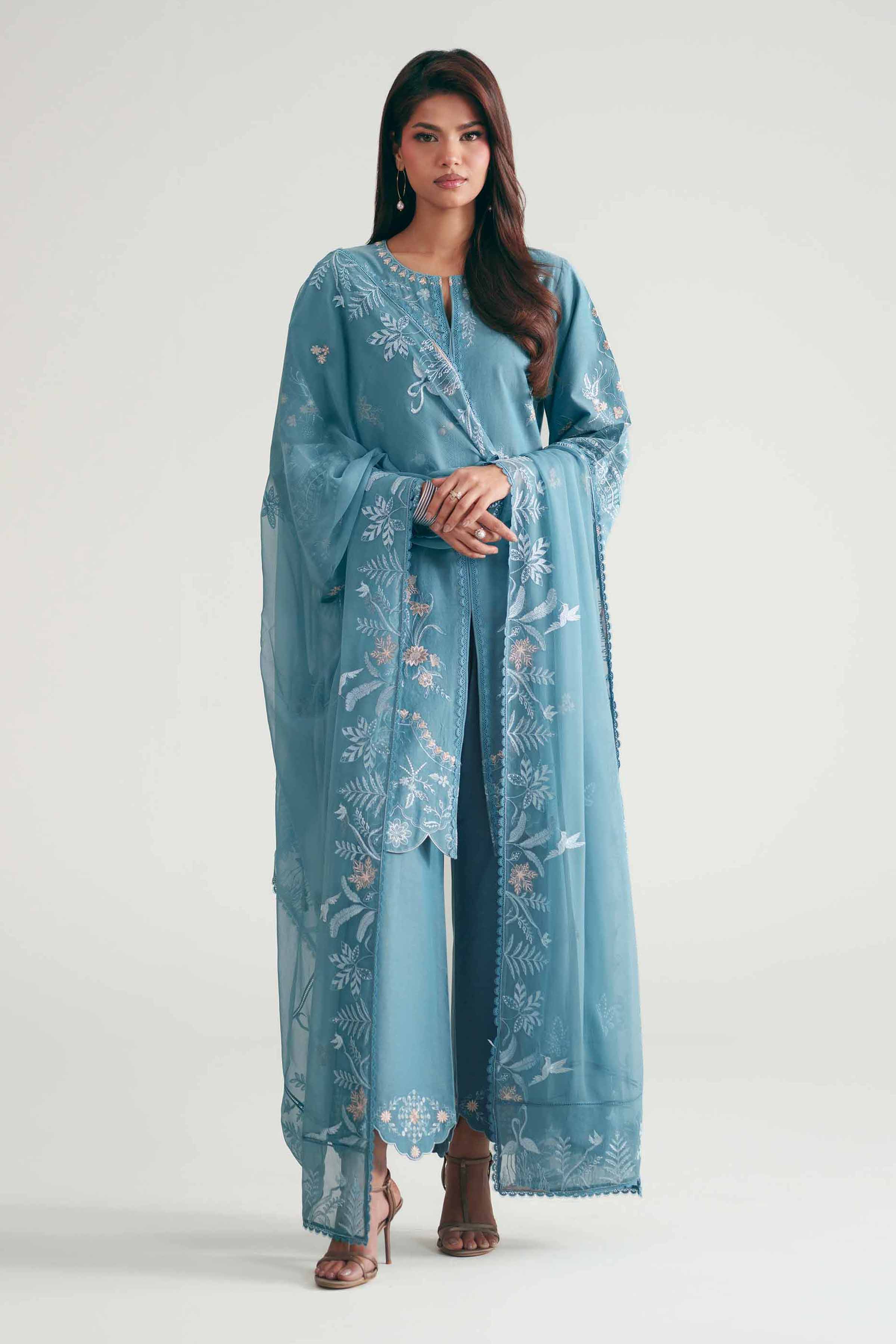 3 Piece - Embroidered Suit - KFE26-218 Blue Yarn Dyed  Embroidered Straight shirt