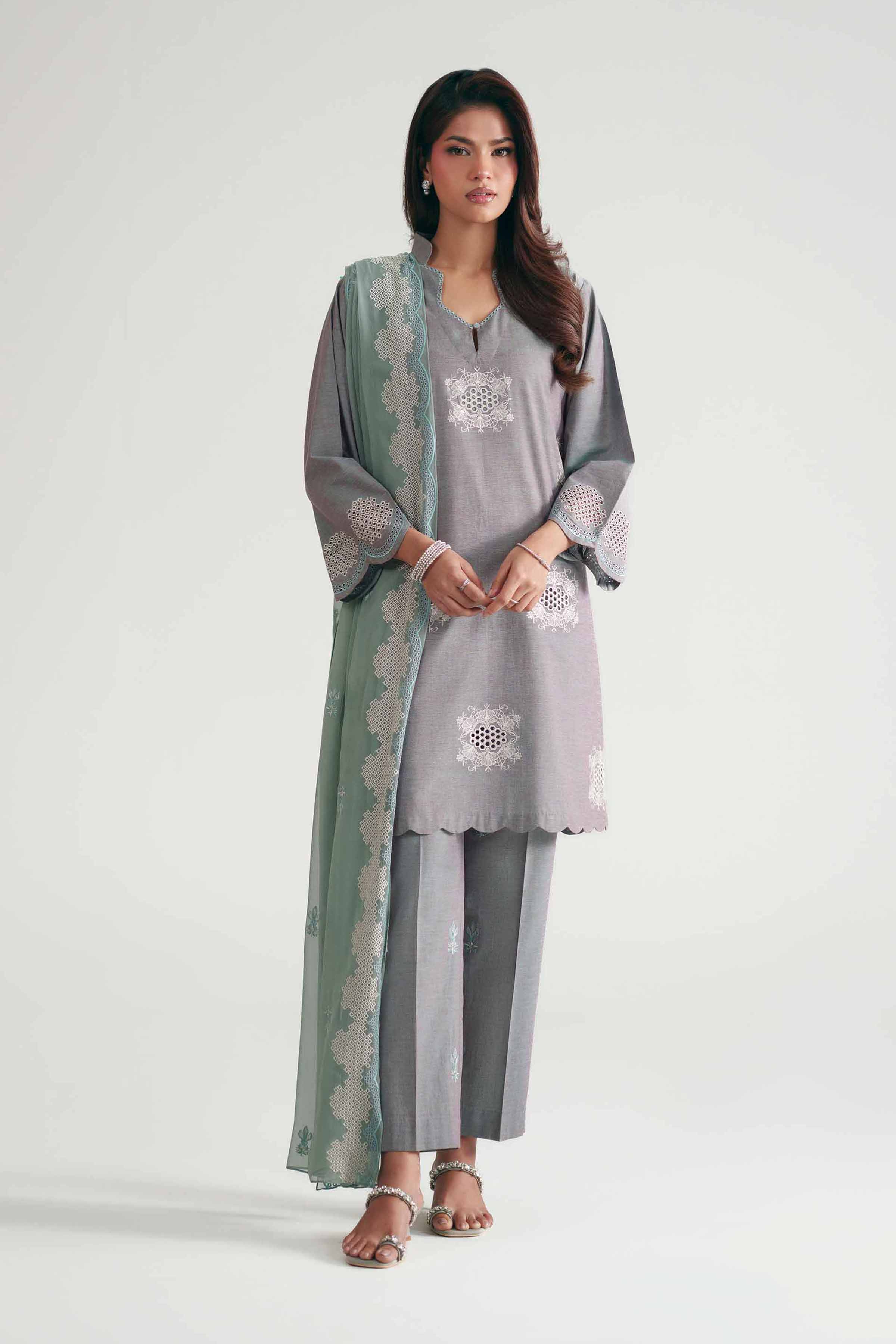 3 Piece - Embroidered Suit - KFE26-222 Grey Yarn Dyed 3PC Embroidered READY TO WEAR