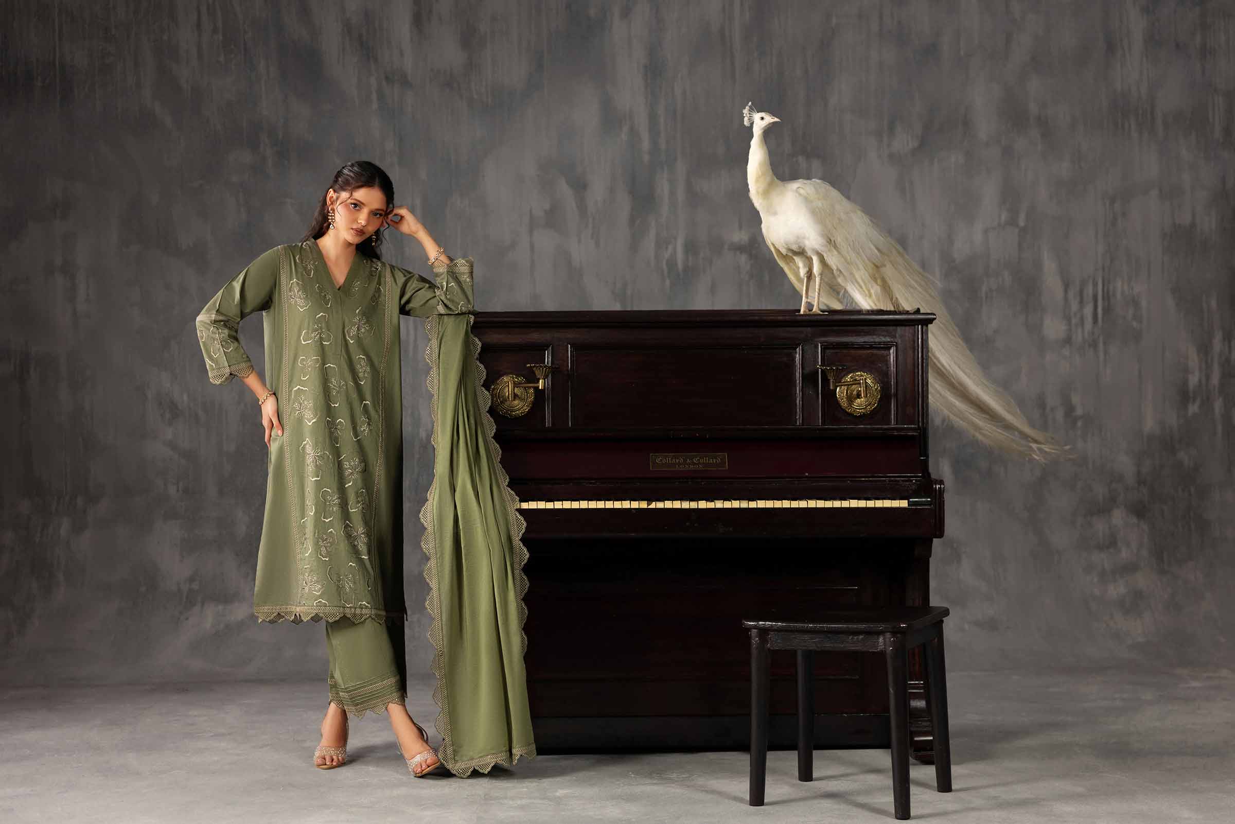 3 Piece - Embroidered Suit - KFE26-225 Green Cambric 3PC Embroidered READY TO WEAR