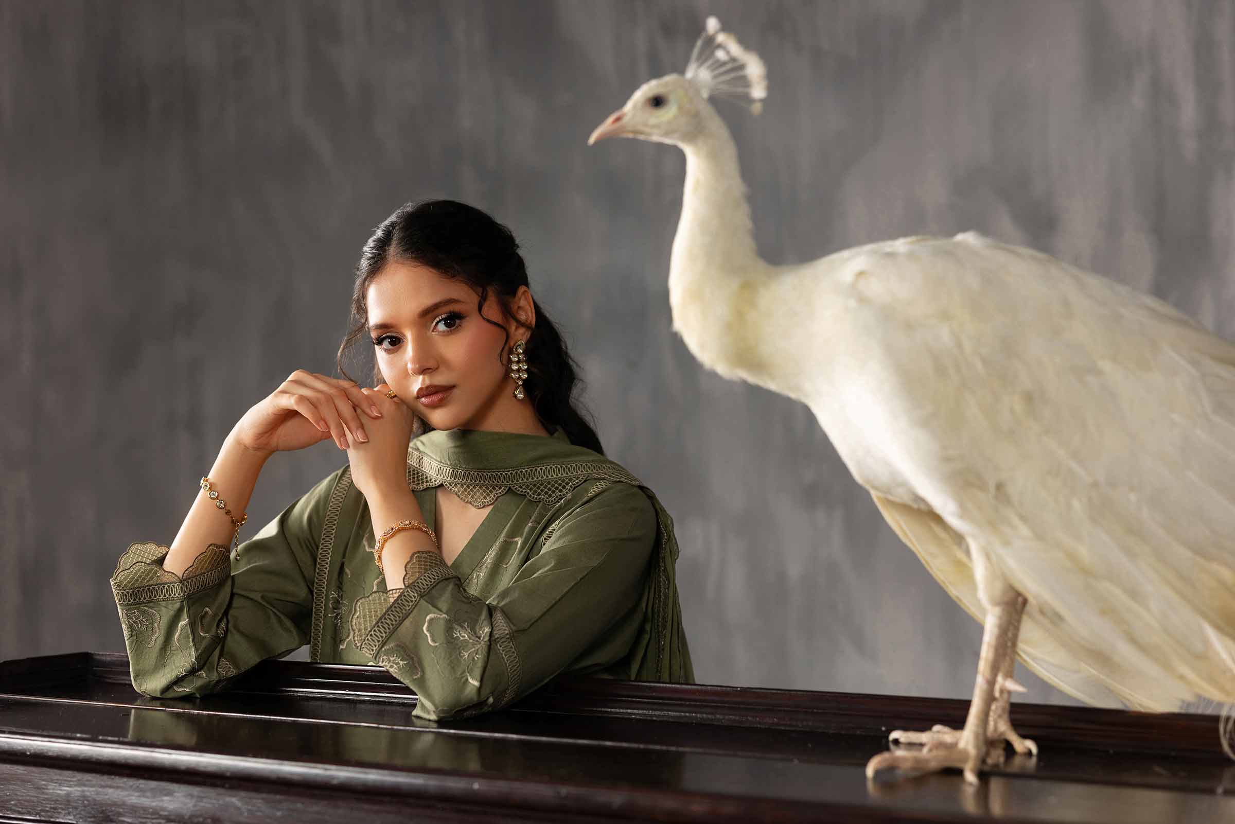 3 Piece - Embroidered Suit - KFE26-225 Green Cambric 3PC Embroidered READY TO WEAR