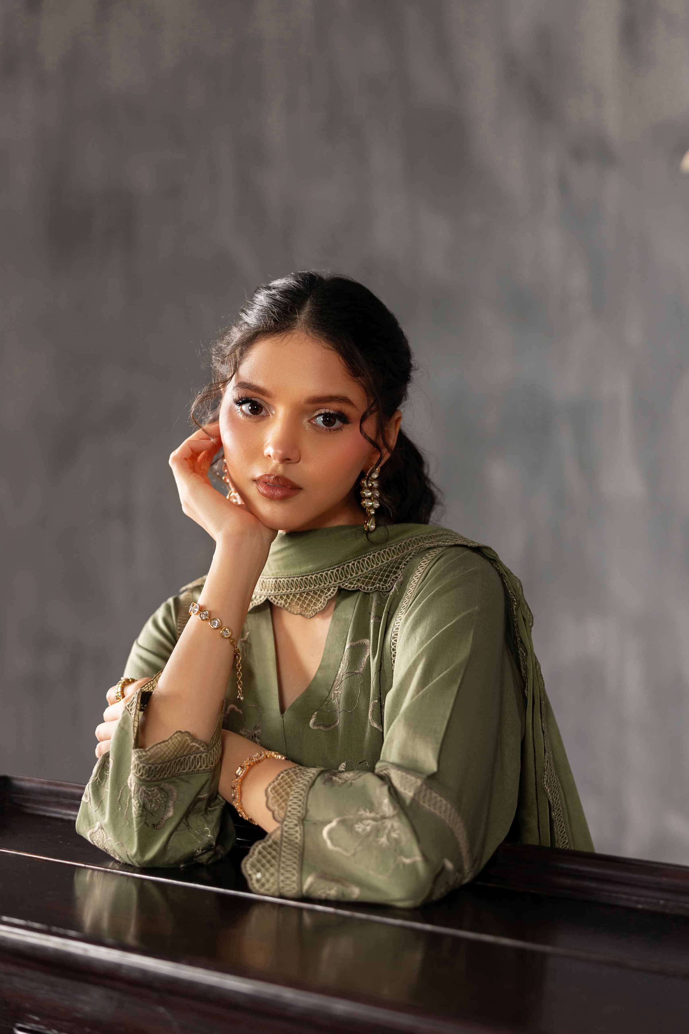 3 Piece - Embroidered Suit - KFE26-225 Green Cambric 3PC Embroidered READY TO WEAR