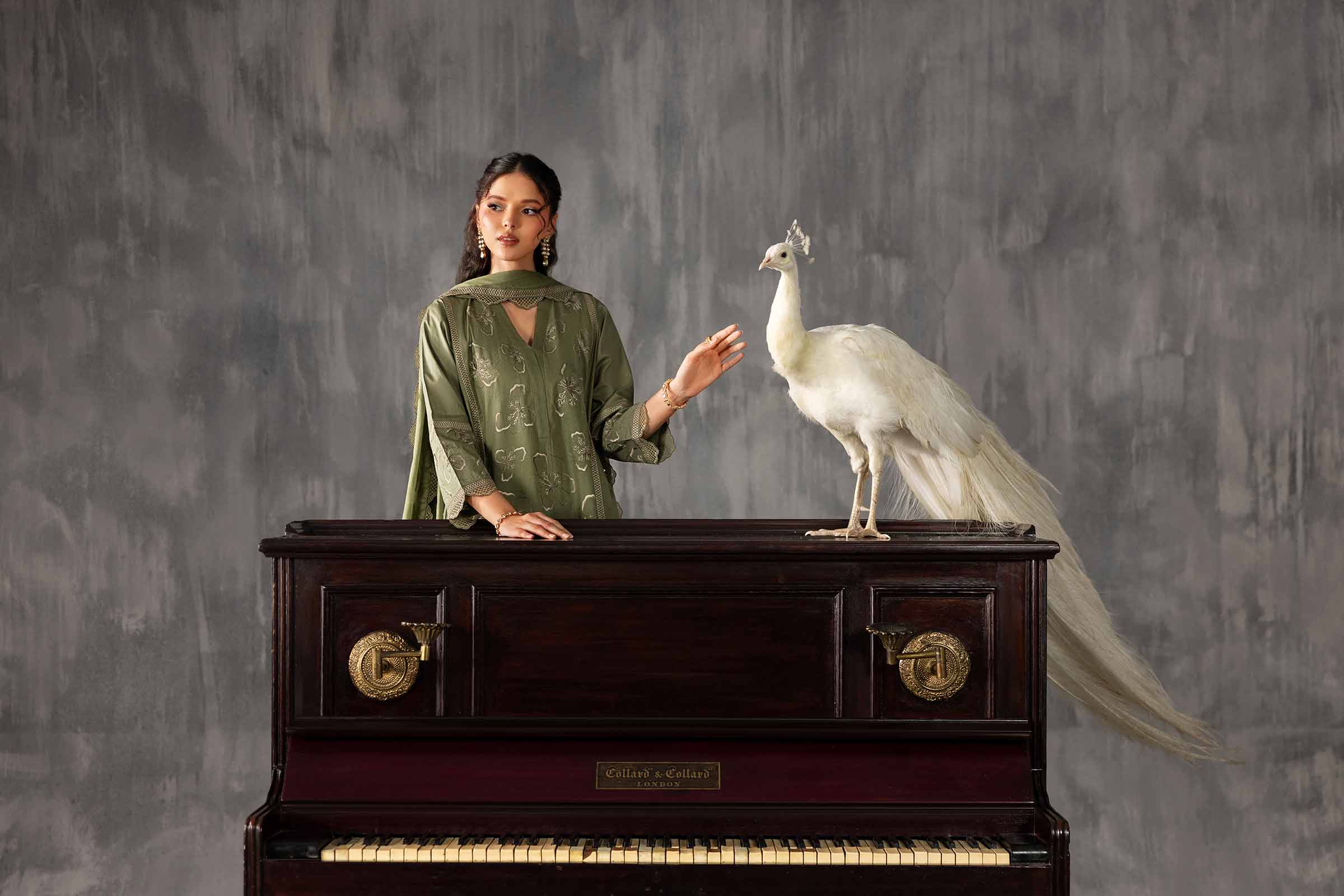 3 Piece - Embroidered Suit - KFE26-225 Green Cambric 3PC Embroidered READY TO WEAR