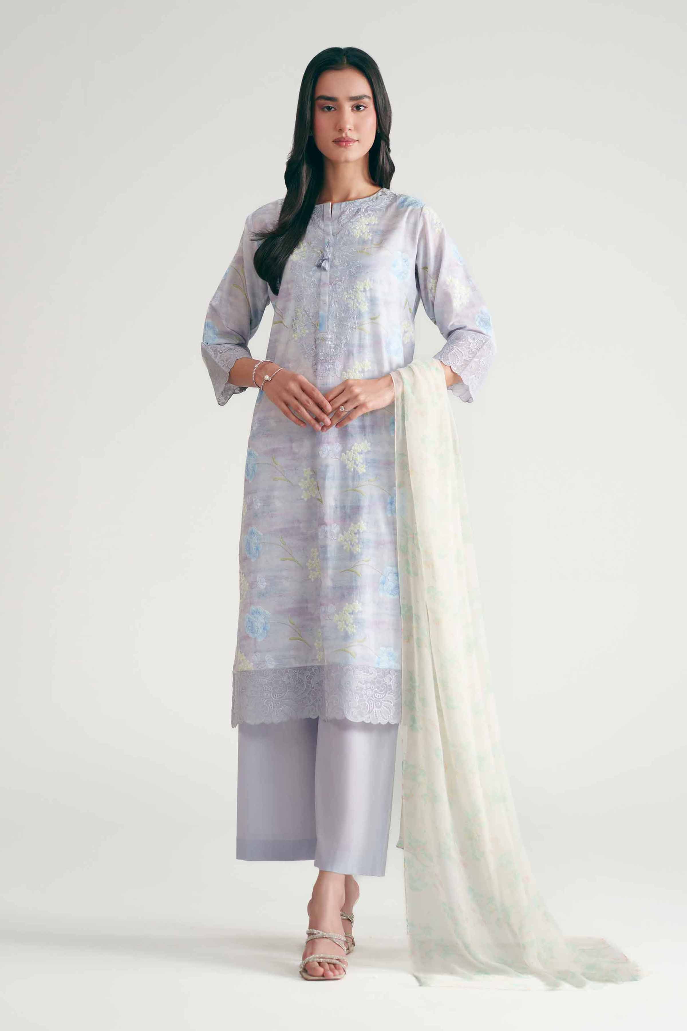 3 Piece - Printed Embroidered Suit - KFE26-226 Purple Cotton  Embroidered Straight shirt