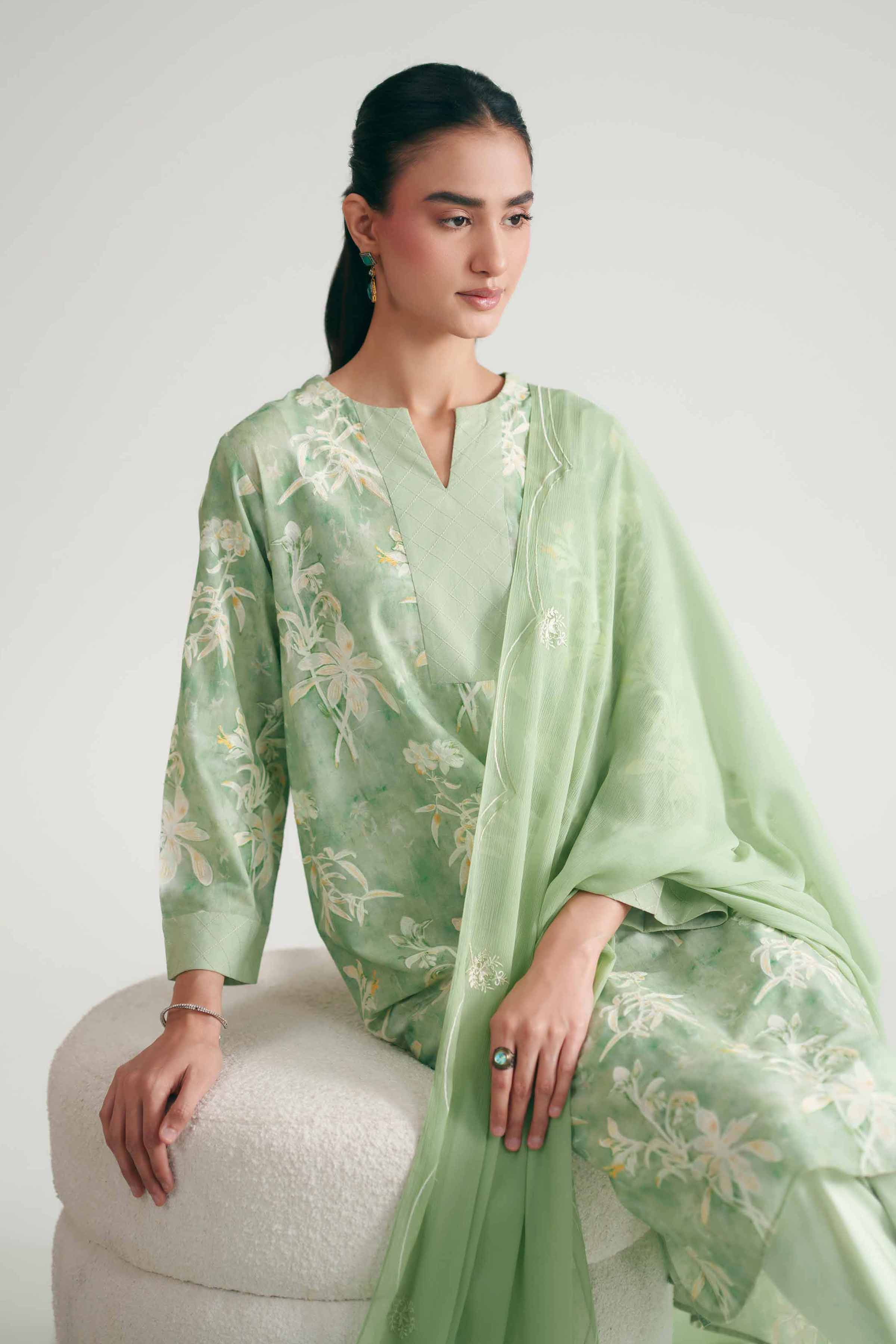 3 Piece - Printed Suit - KFE26-227 Green Cambric 3PC Printed READY TO WEAR