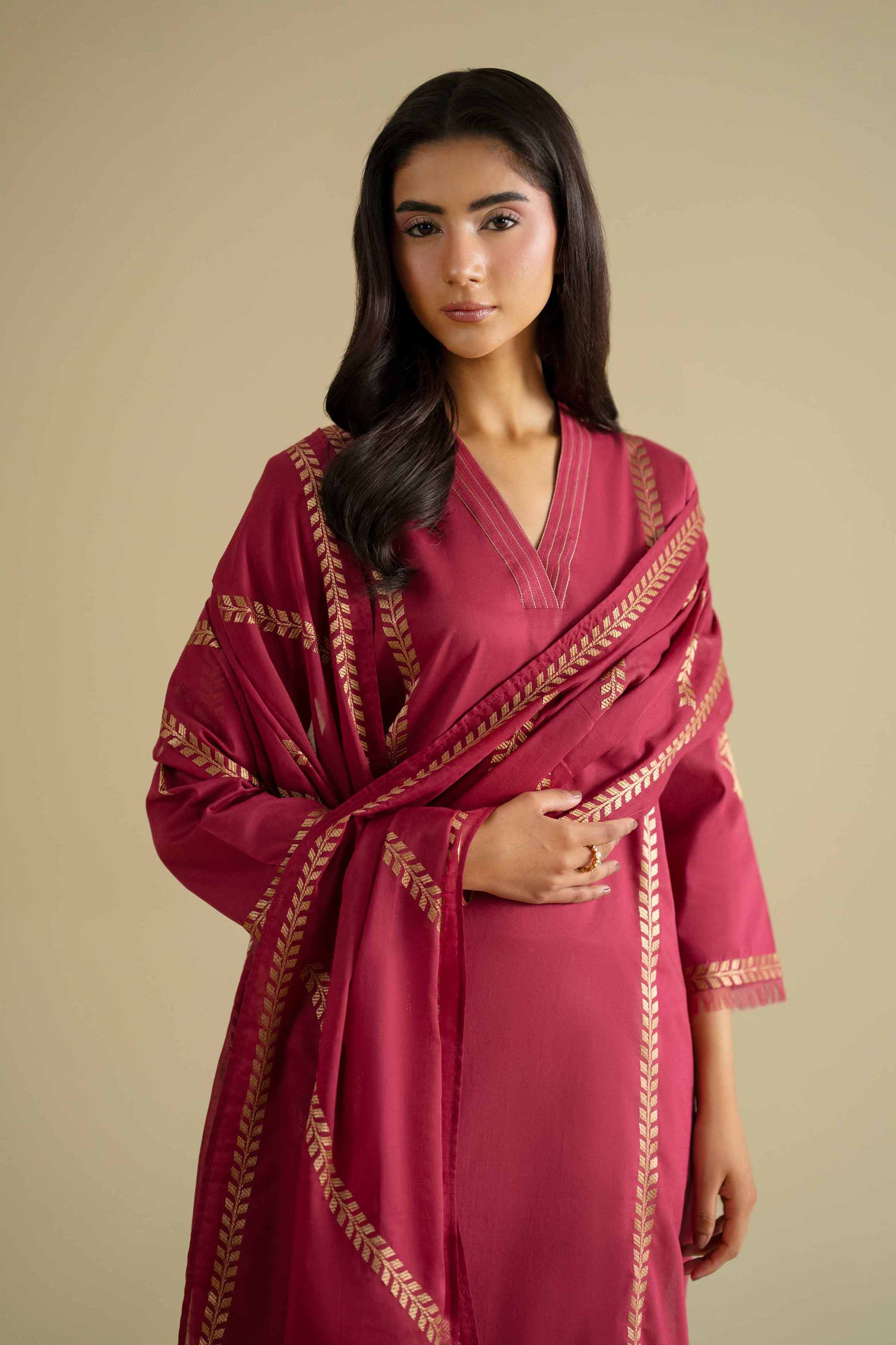 2 Piece - Embroidered Suit - KFE26-231 Red Cambric 2PC Embroidered LUXURY