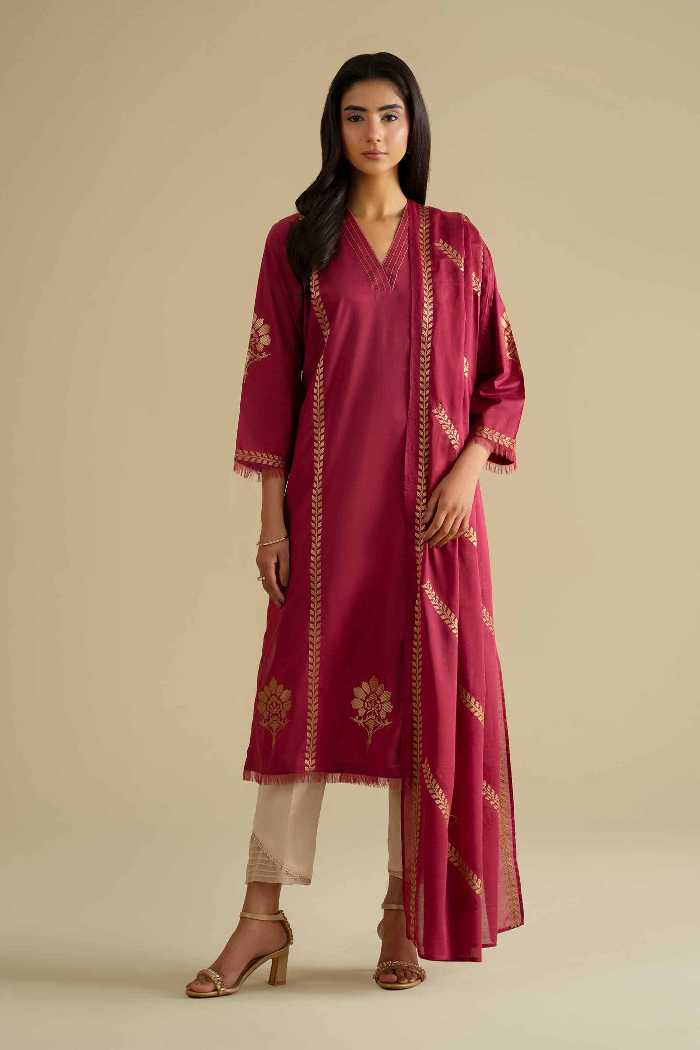 2 Piece - Embroidered Suit - KFE26-231 Red Cambric 2PC Embroidered LUXURY