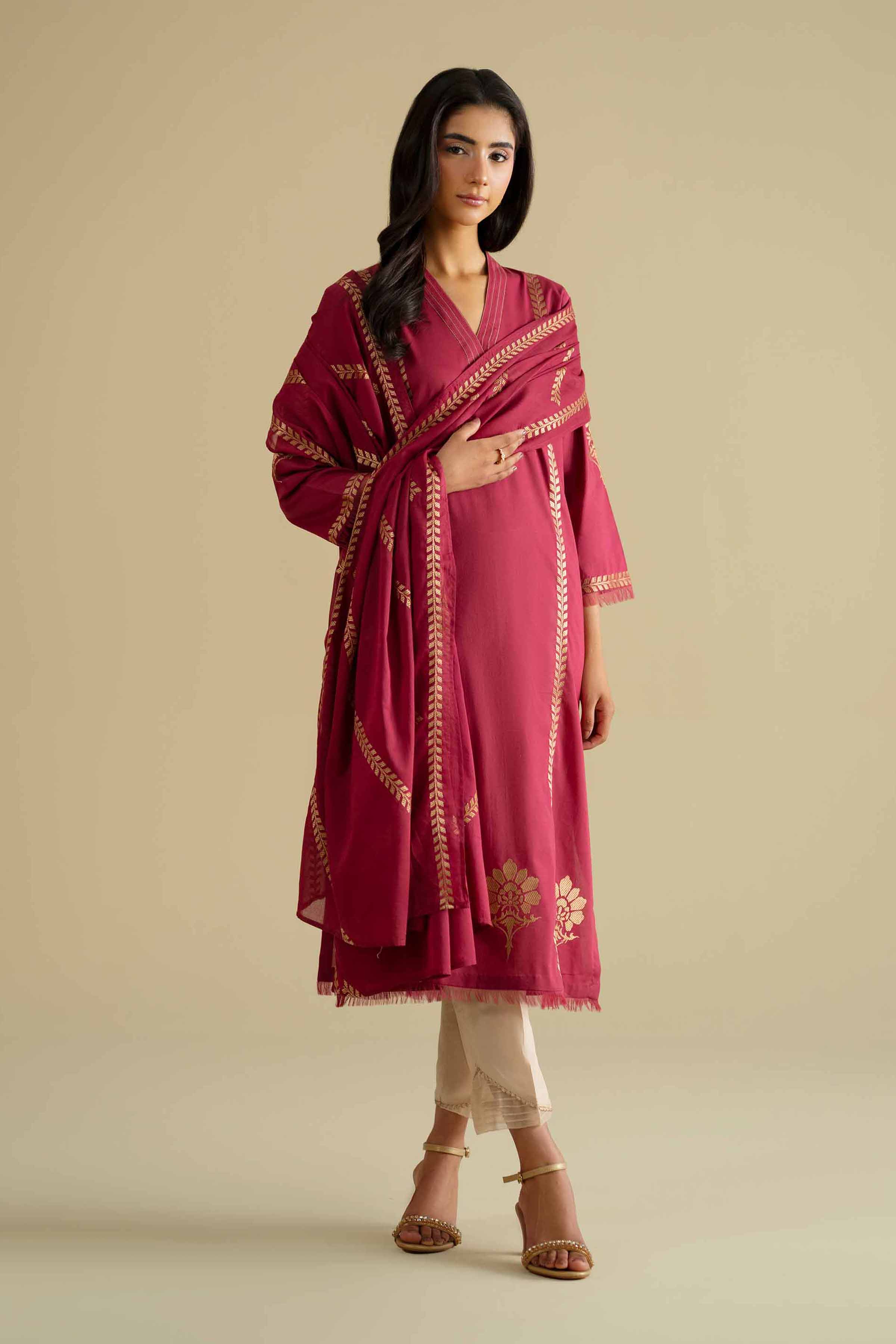 2 Piece - Embroidered Suit - KFE26-231 Red Cambric 2PC Embroidered LUXURY