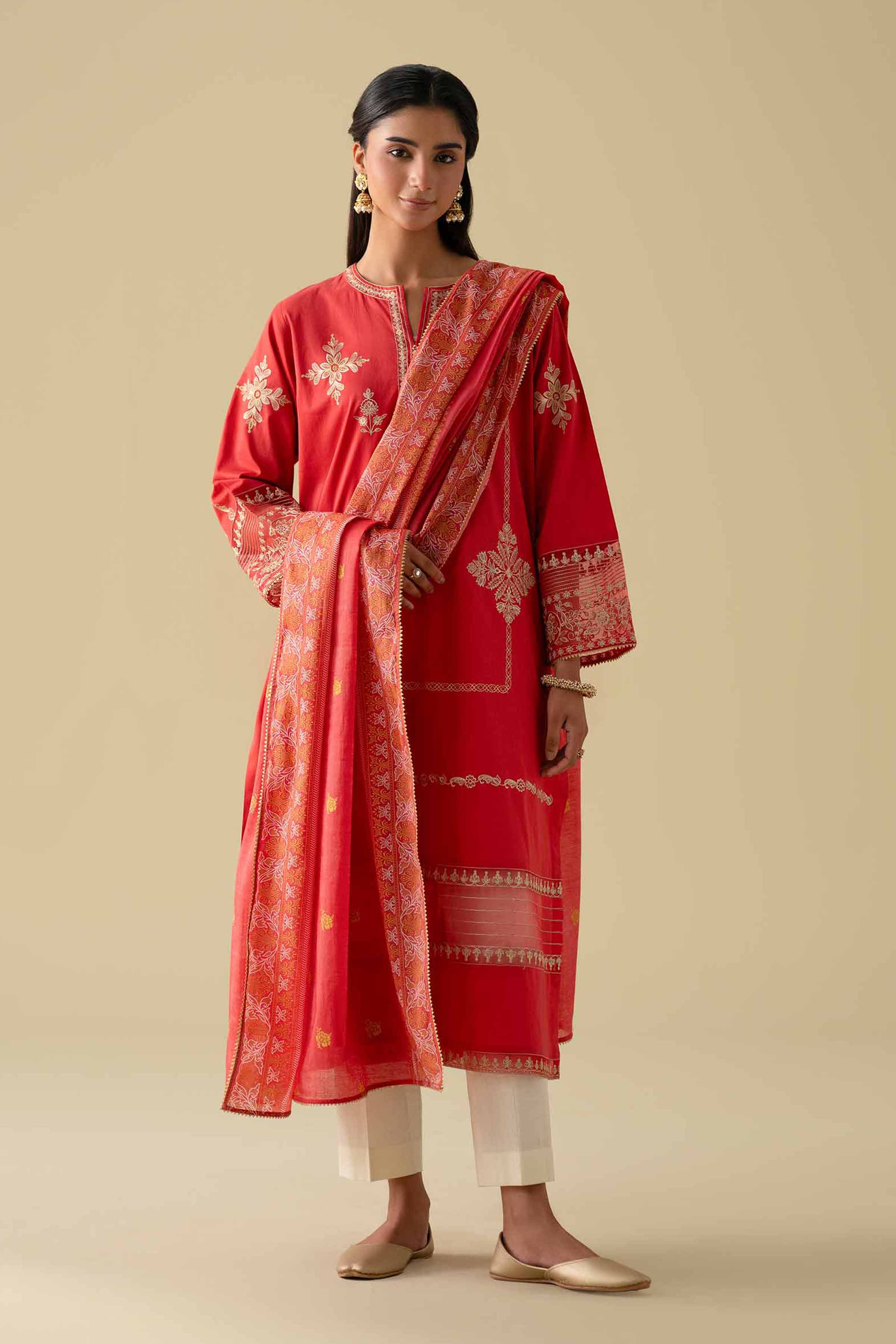 3 Piece - Printed Embroidered Suit - KFE26-27 Red Cambric 3PC Embroidered LUXURY