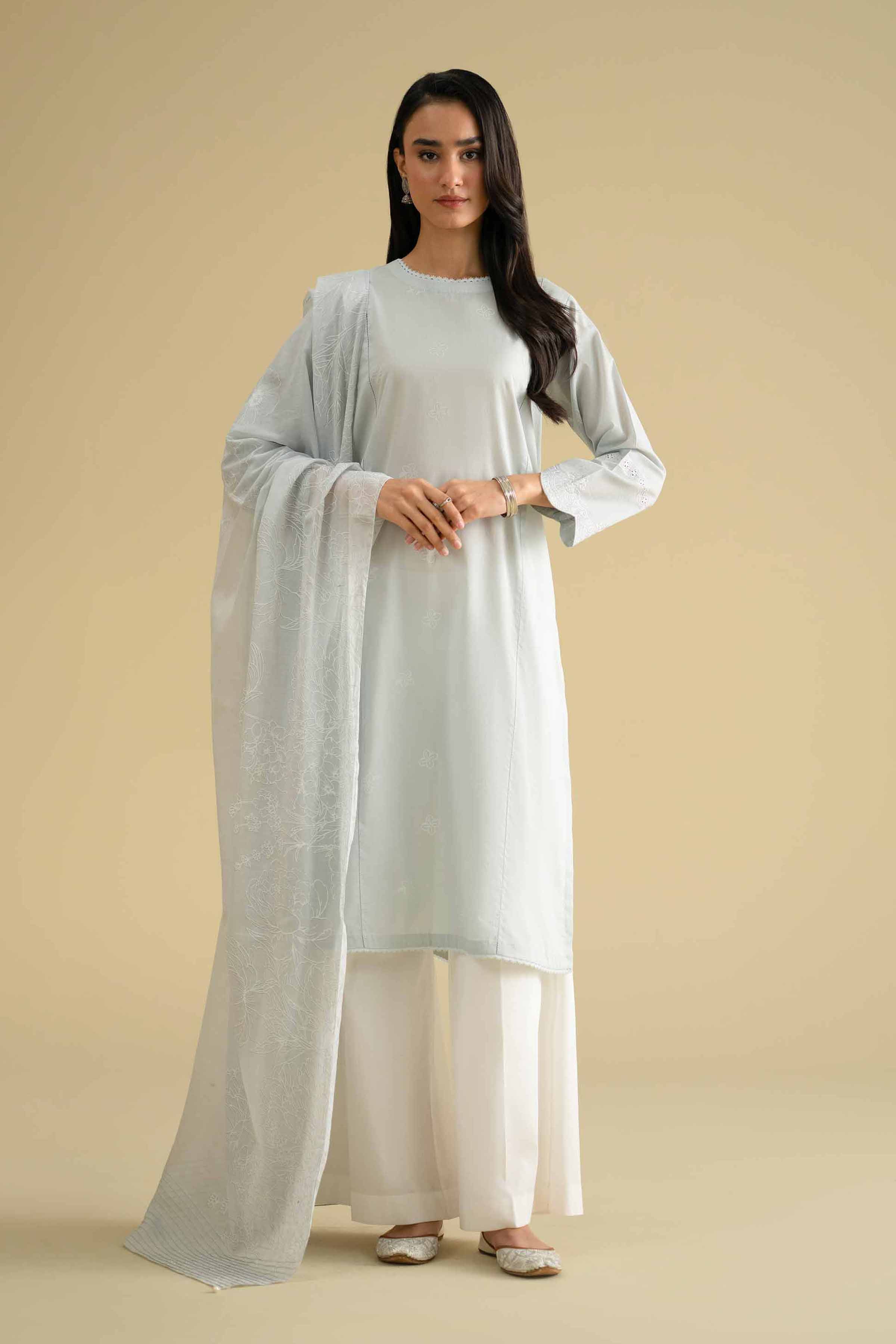 2 Piece - Printed Embroidered Suit - KFE26-30 Blue Lawn 2PC Embroidered