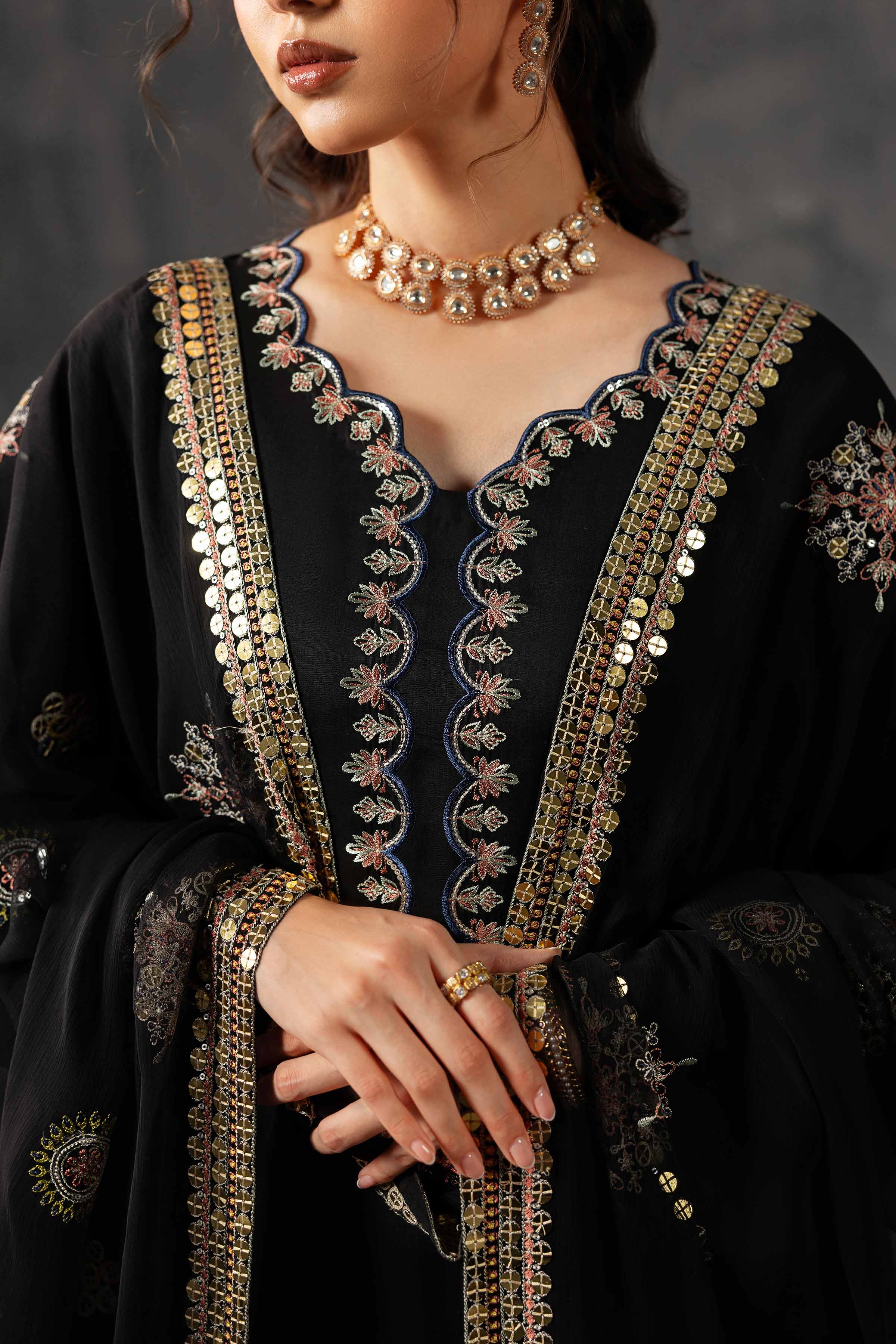 3 Piece - Embroidered Suit - KFE26-35 Black Silk 3PC Embroidered READY TO WEAR