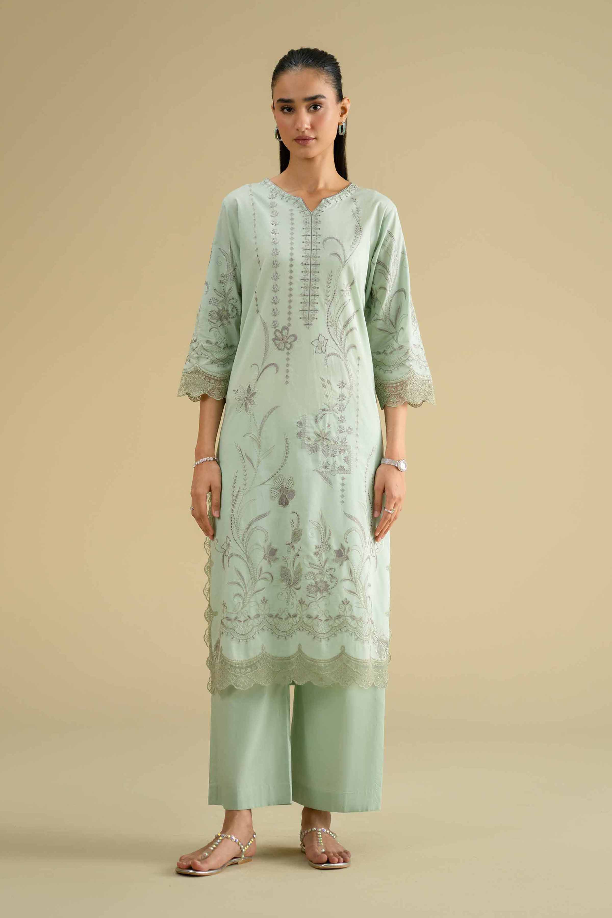 2 Piece - Embroidered Suit - KFE26-47 Green Cambric 2PC Embroidered LUXURY