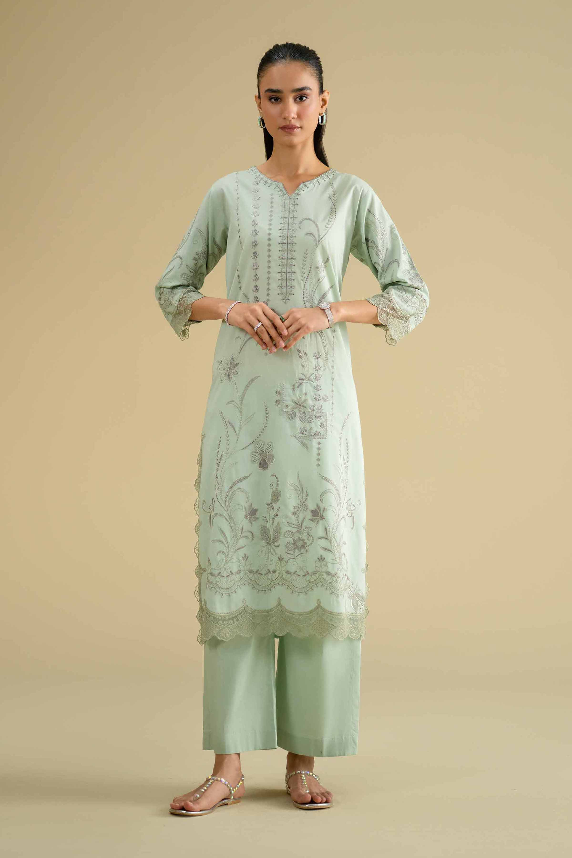 2 Piece - Embroidered Suit - KFE26-47 Green Cambric 2PC Embroidered LUXURY