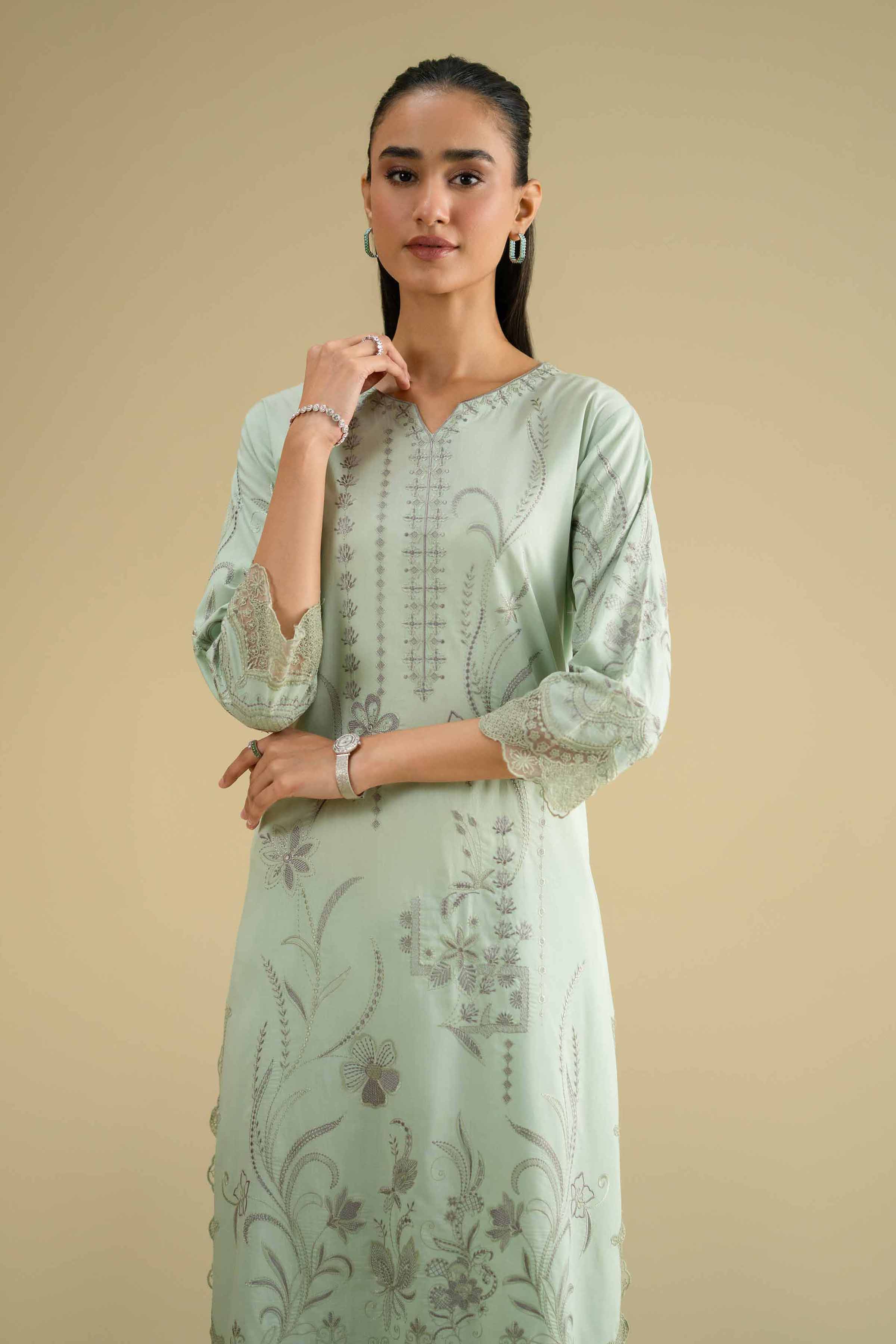 2 Piece - Embroidered Suit - KFE26-47 Green Cambric 2PC Embroidered LUXURY