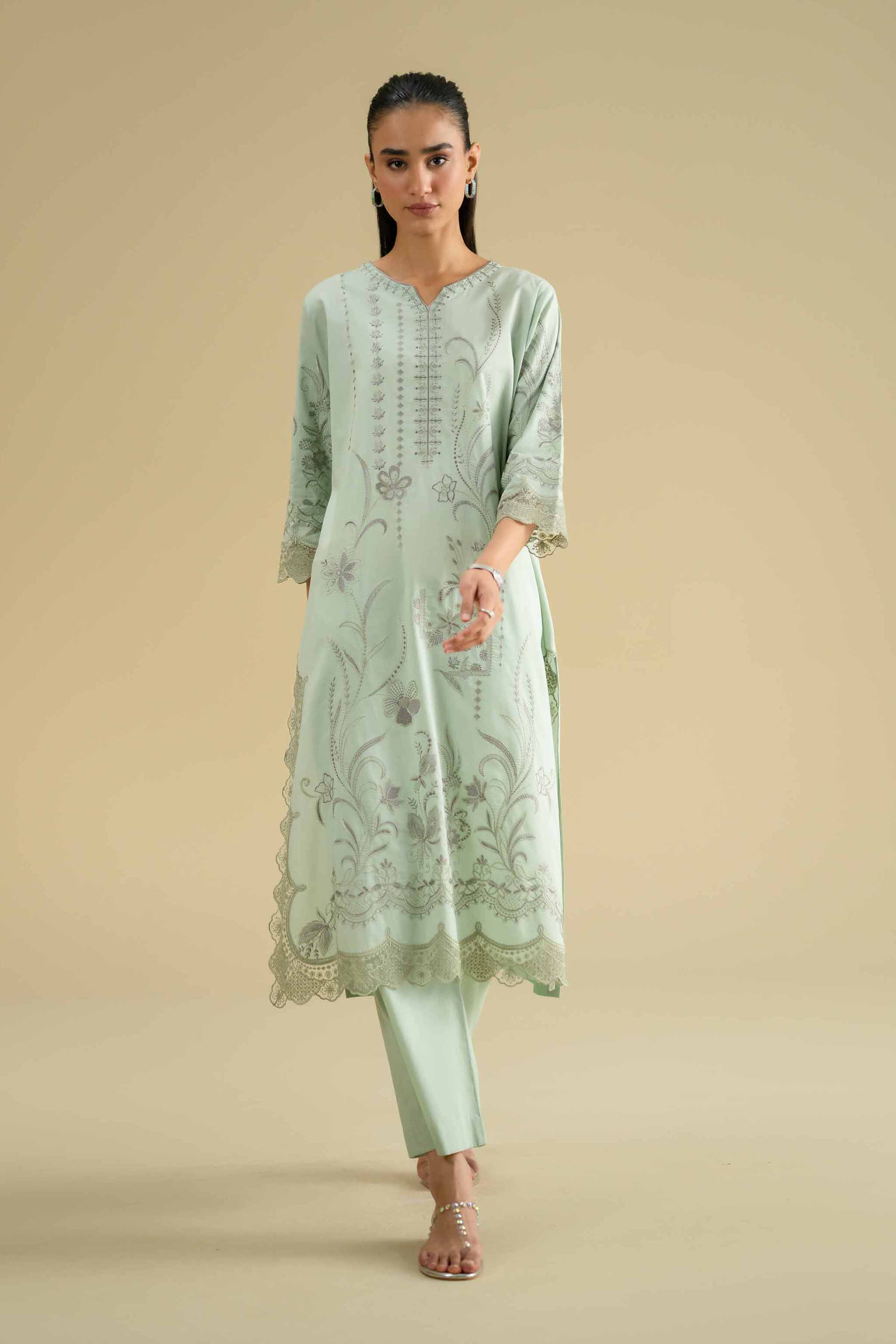 2 Piece - Embroidered Suit - KFE26-47 Green Cambric 2PC Embroidered LUXURY