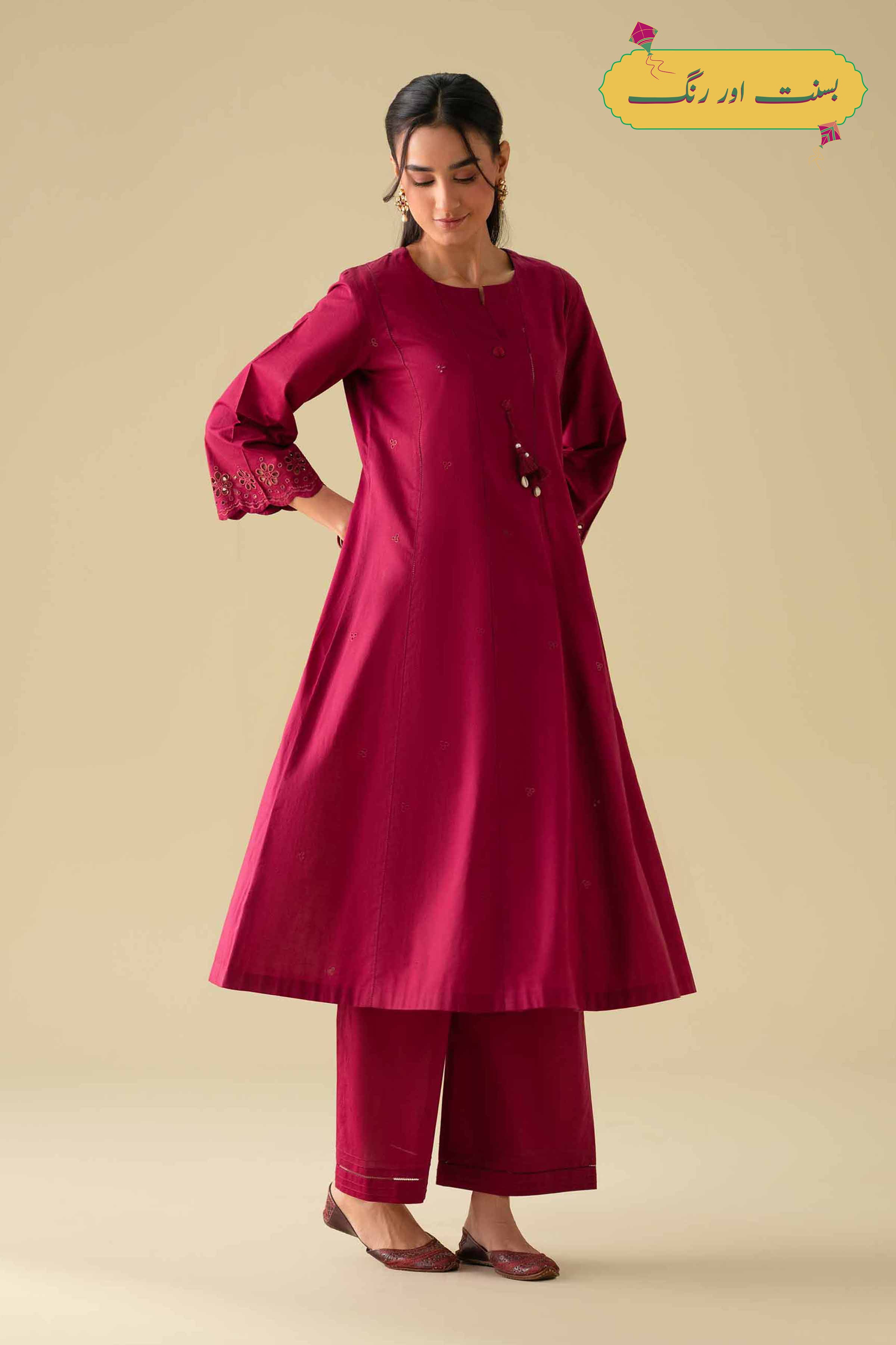 2 Piece - Embroidered Suit - KFE26-49 Red Cambric 2PC Embroidered LUXURY