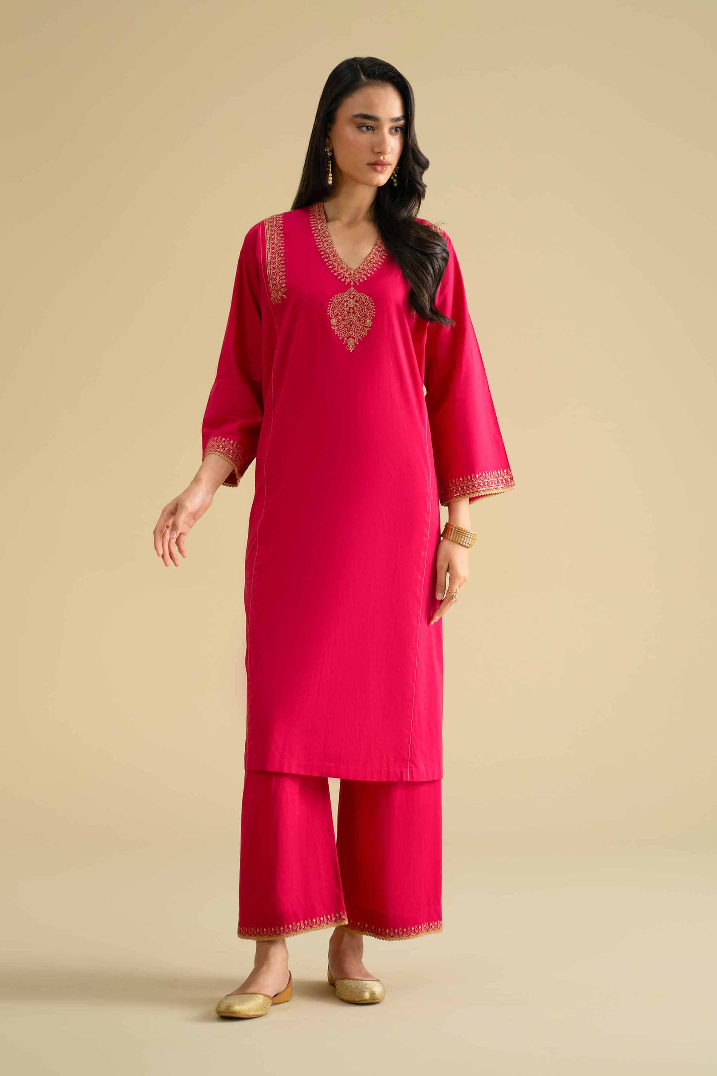 2 Piece - Embroidered Suit - KFE26-53 Pink Cambric 2PC Embroidered LUXURY