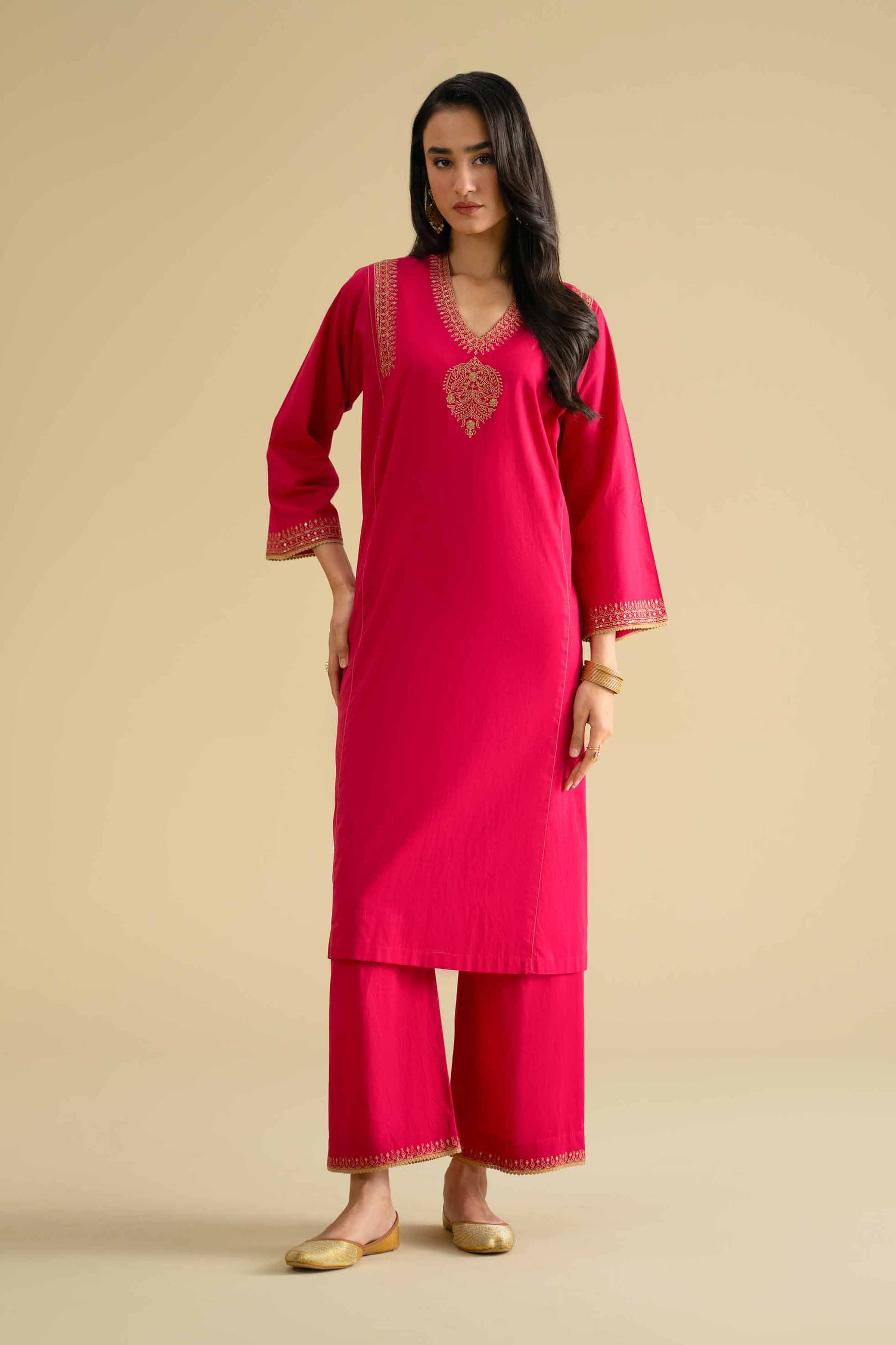 2 Piece - Embroidered Suit - KFE26-53 Pink Cambric 2PC Embroidered LUXURY