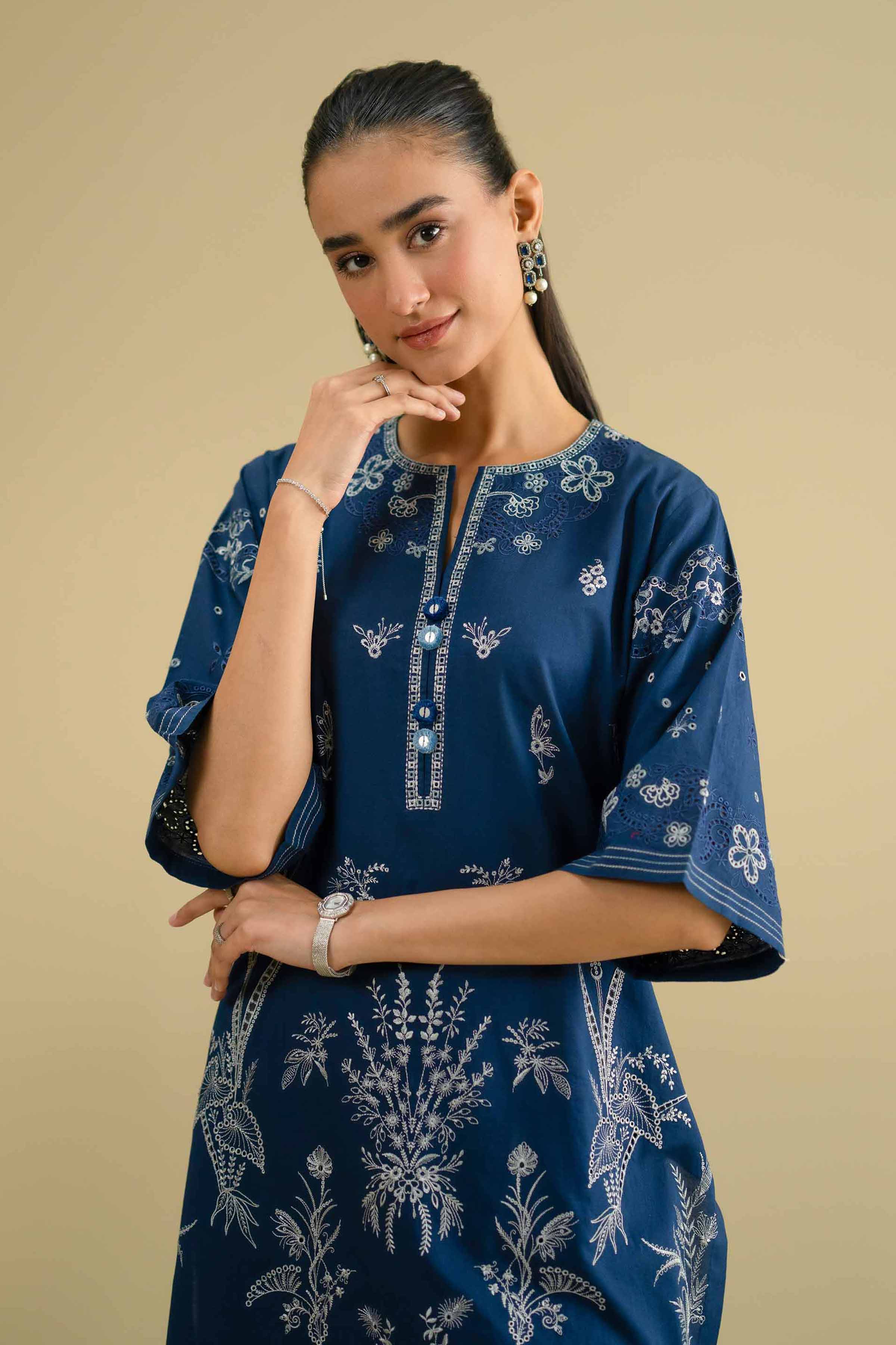 2 Piece - Embroidered Suit - KFE26-54 Blue Cambric 2PC Embroidered LUXURY