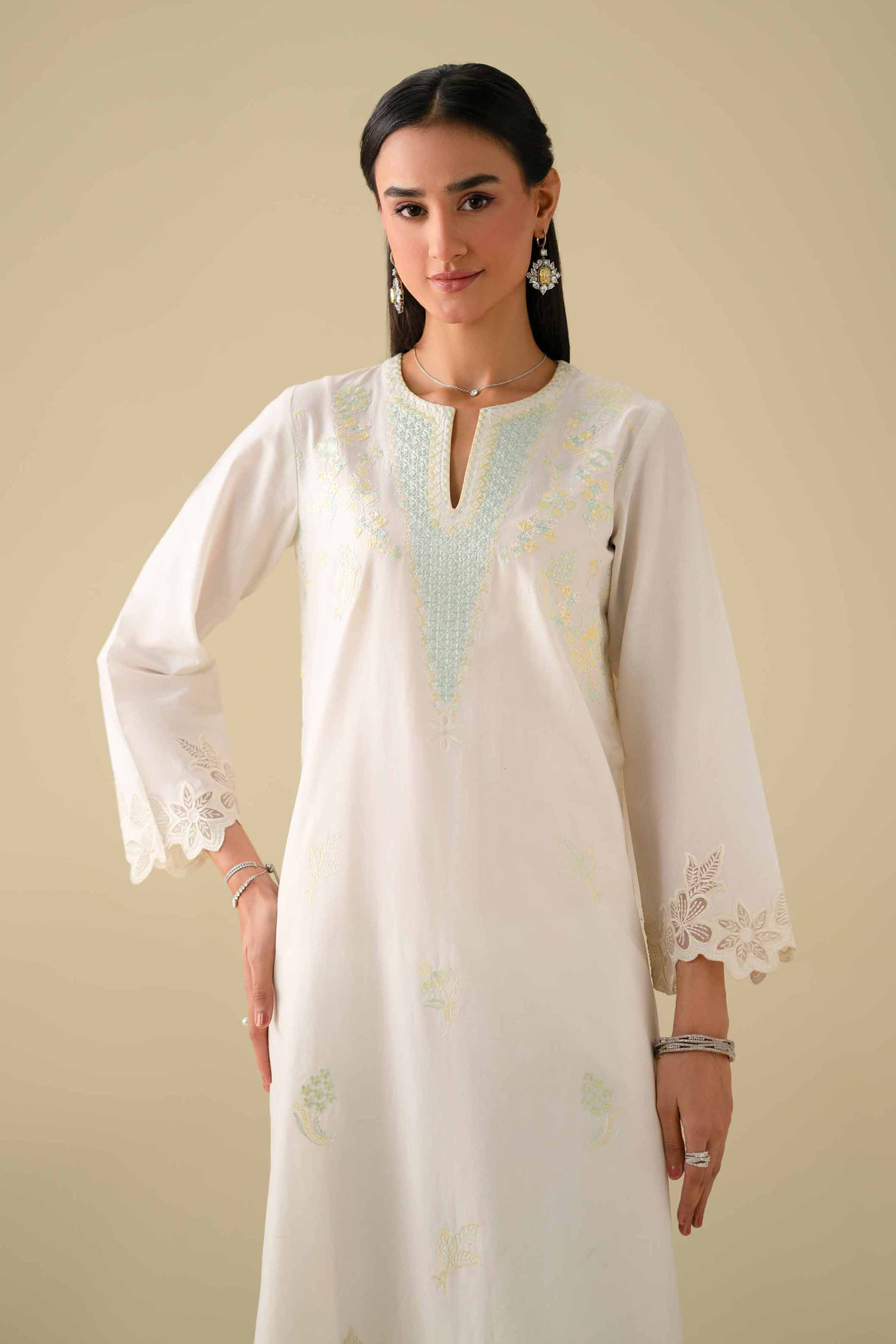 2 Piece - Embroidered Suit - KFE26-56 White Cambric 2PC Embroidered LUXURY