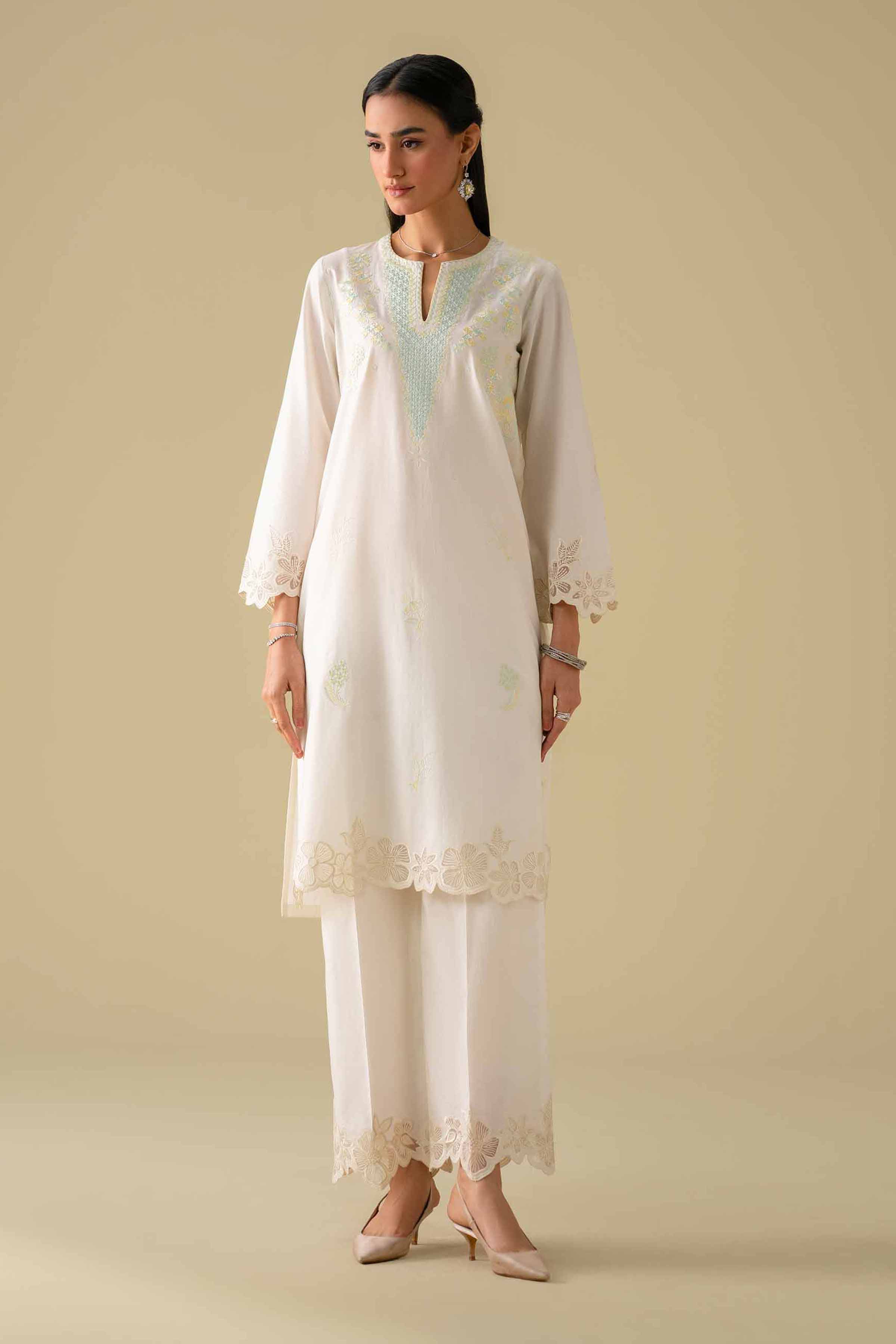 2 Piece - Embroidered Suit - KFE26-56 White Cambric 2PC Embroidered LUXURY