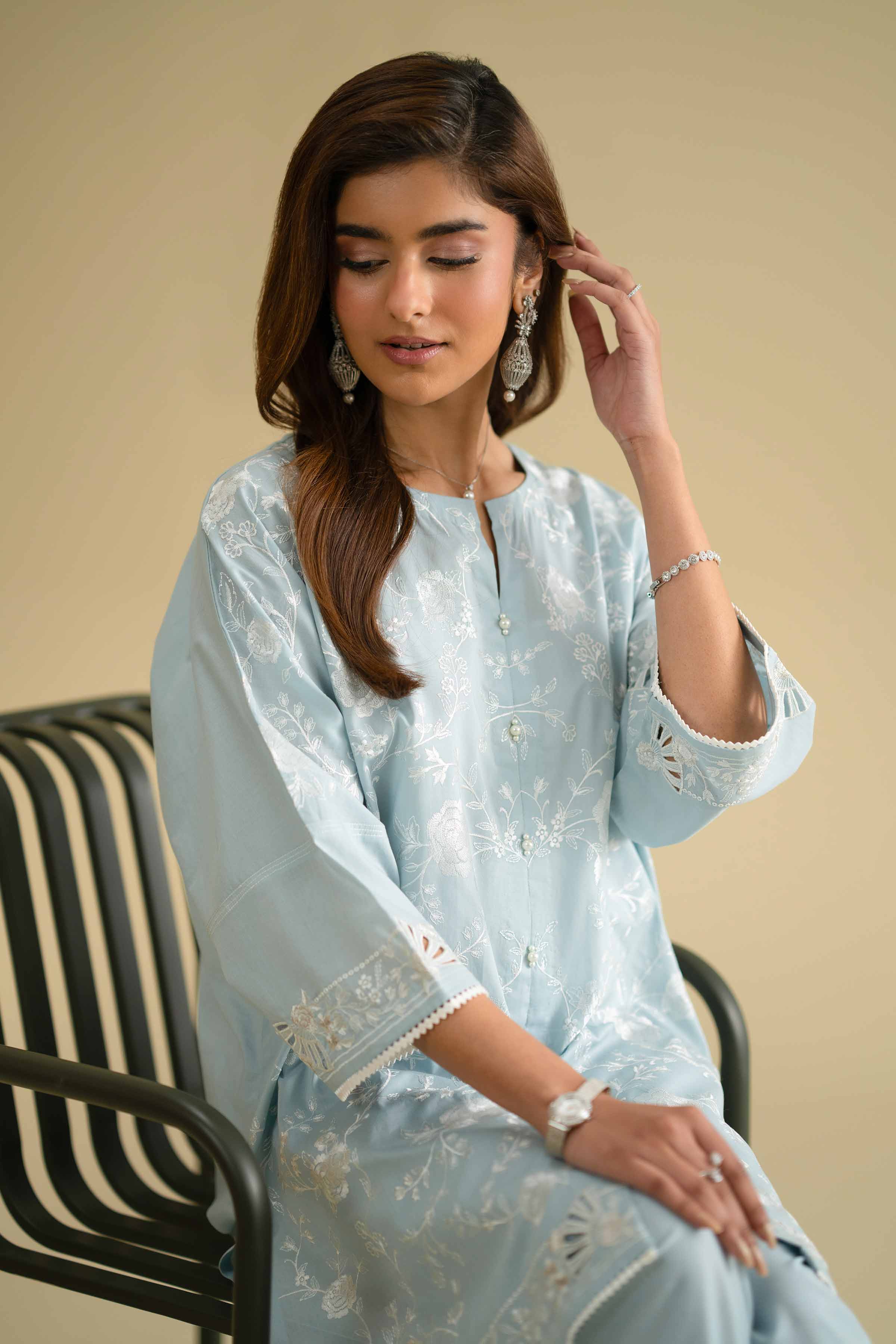 2 Piece - Embroidered Suit - KFE26-57 Blue Cambric 2PC Embroidered LUXURY