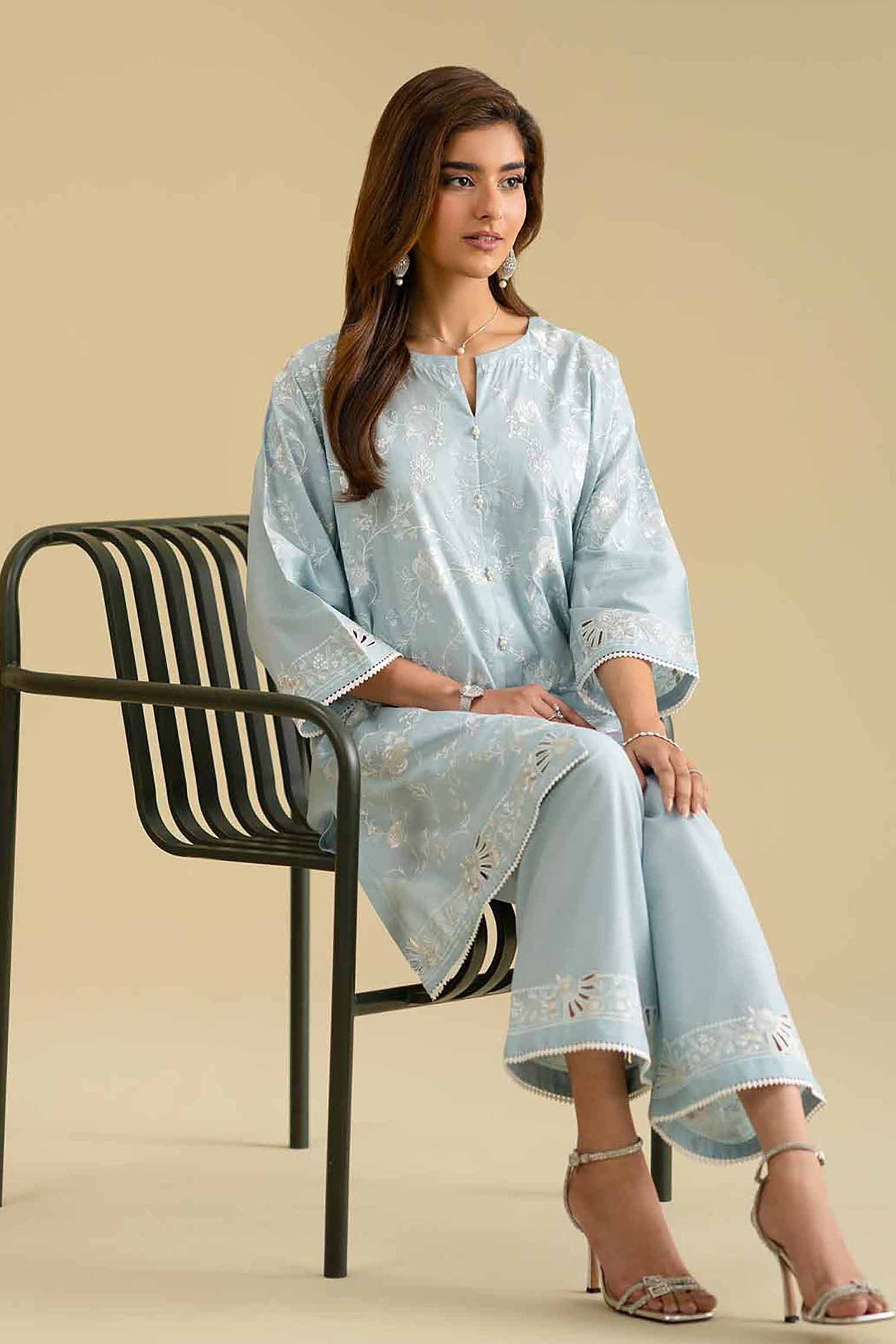2 Piece - Embroidered Suit - KFE26-57 Blue Cambric 2PC Embroidered LUXURY