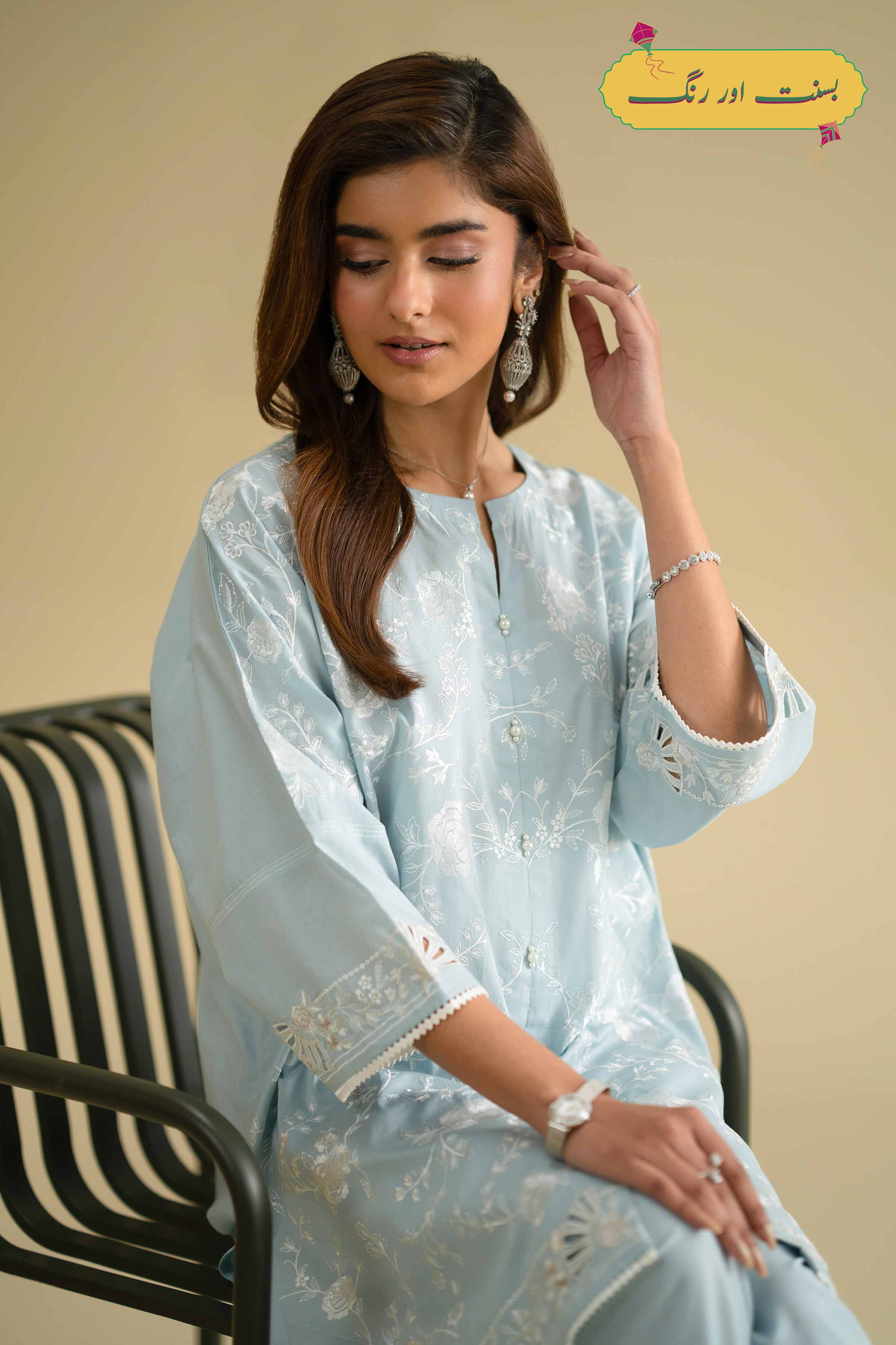 2 Piece - Embroidered Suit - KFE26-57 Blue Cambric 2PC Embroidered LUXURY